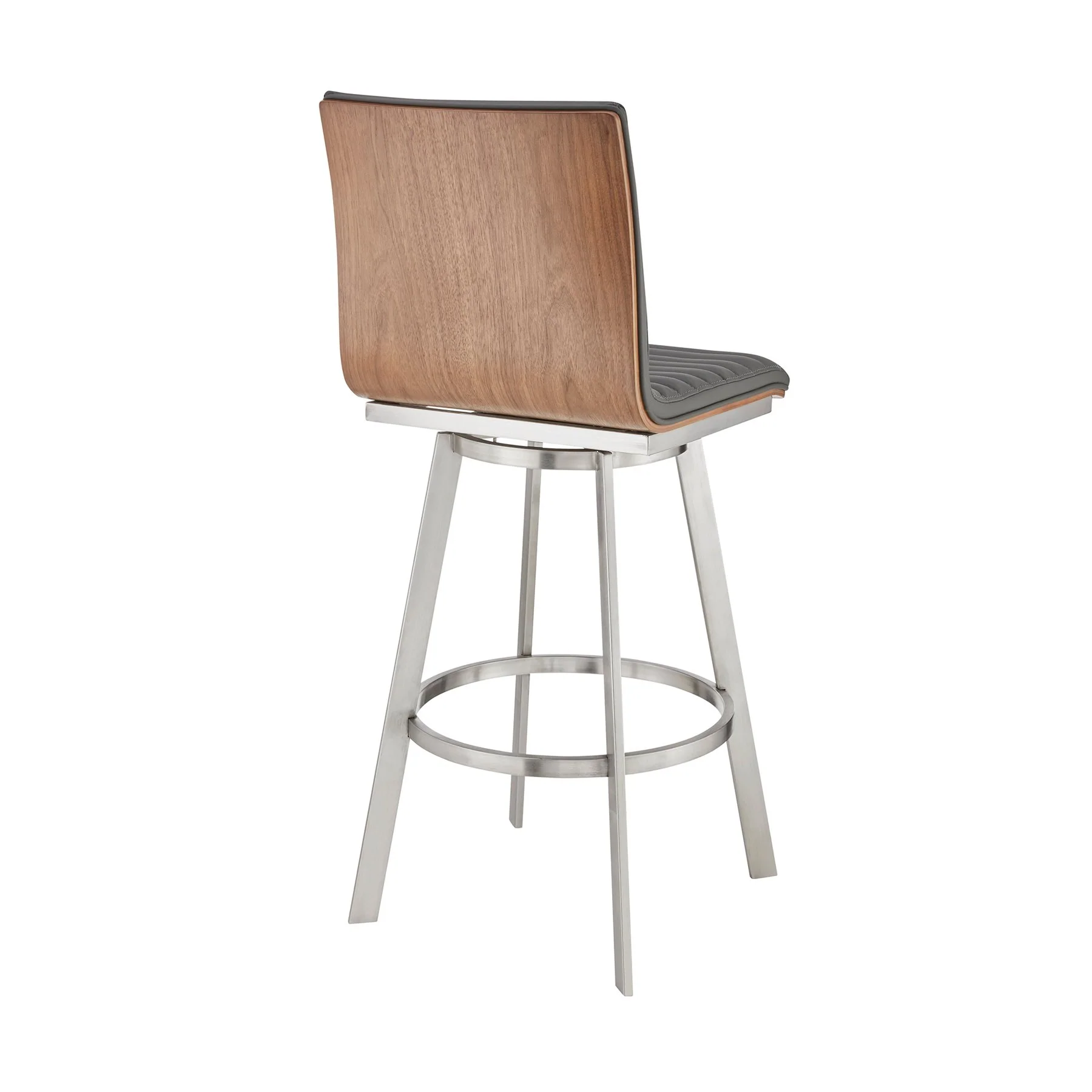Nikole 26" Counter Height Walnut Swivel Bar Stool in Brushed Stainless Steel Finish and Gray Faux Leather - Image 4