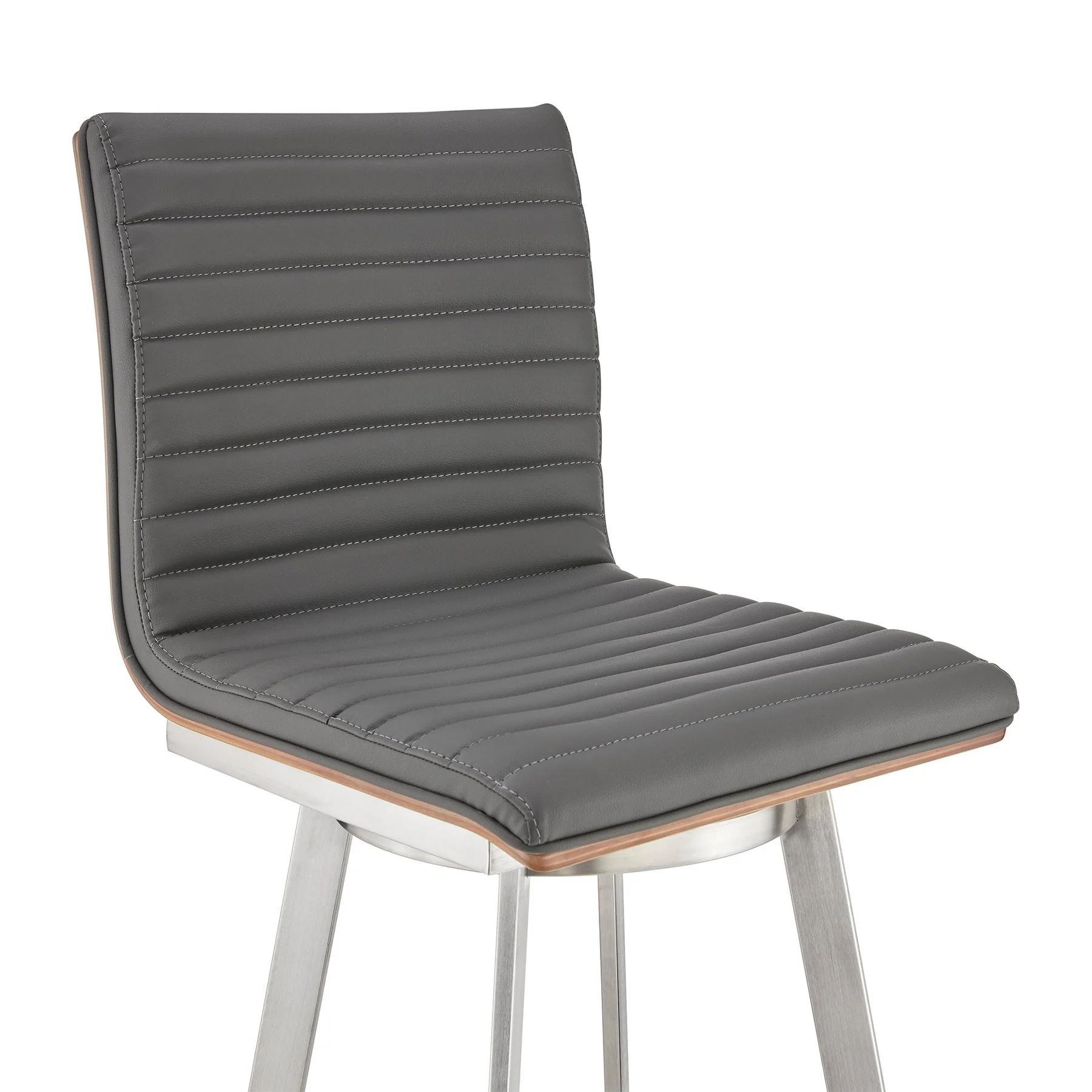 Nikole 26" Counter Height Walnut Swivel Bar Stool in Brushed Stainless Steel Finish and Gray Faux Leather - Image 6