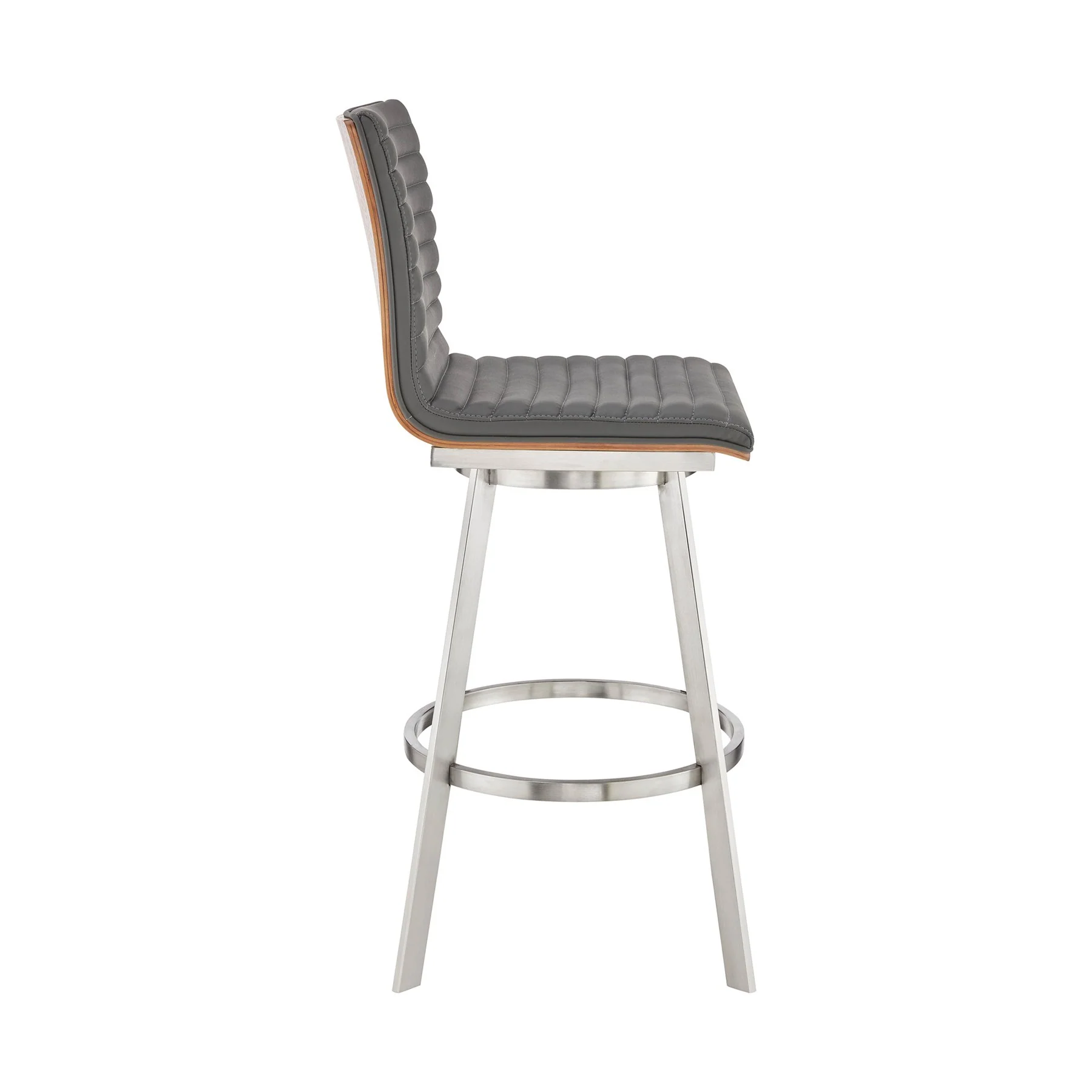 Nikole 30" Bar Height Walnut Swivel Bar Stool in Brushed Stainless Steel Finish and Gray Faux Leather - Image 3