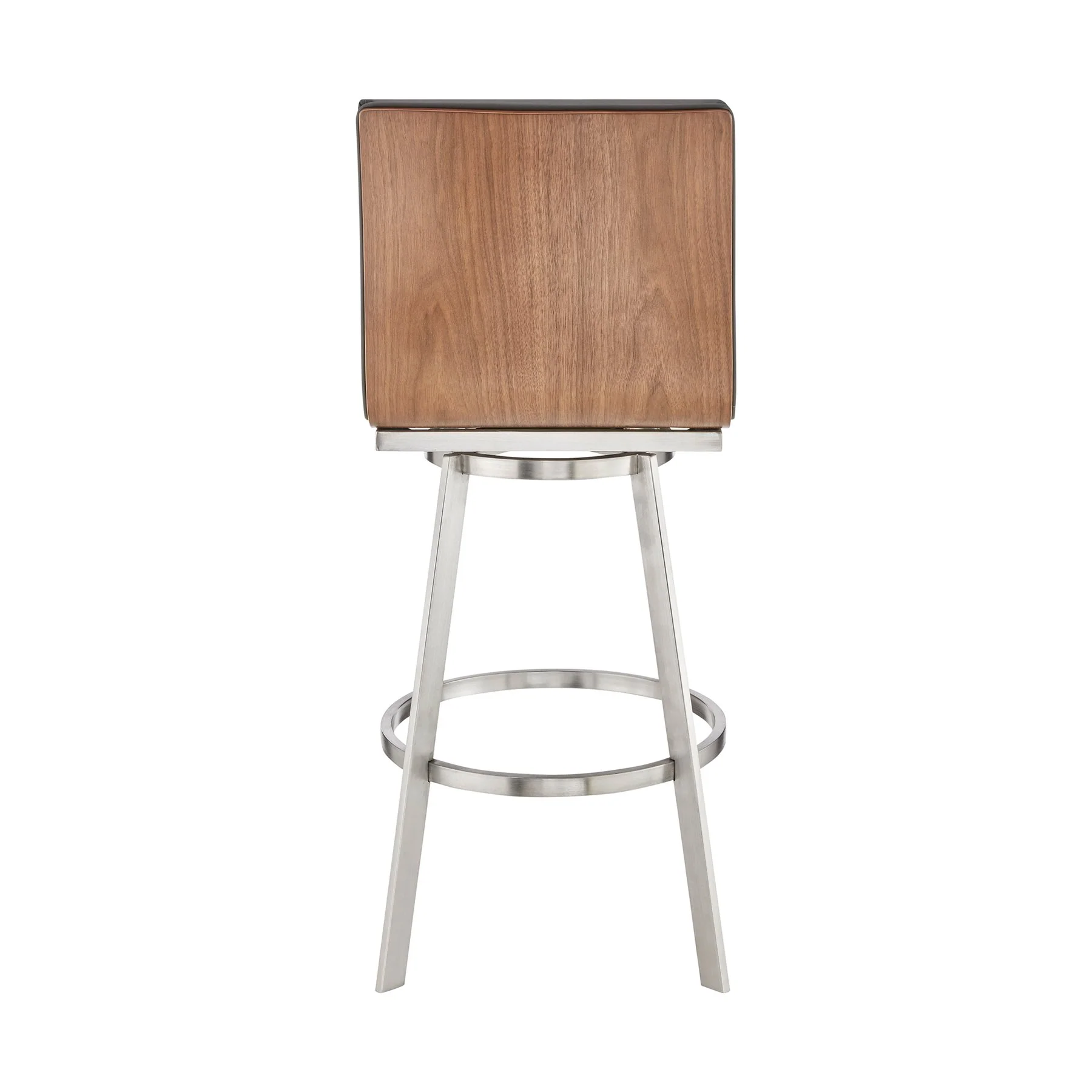 Nikole 30" Bar Height Walnut Swivel Bar Stool in Brushed Stainless Steel Finish and Gray Faux Leather - Image 5
