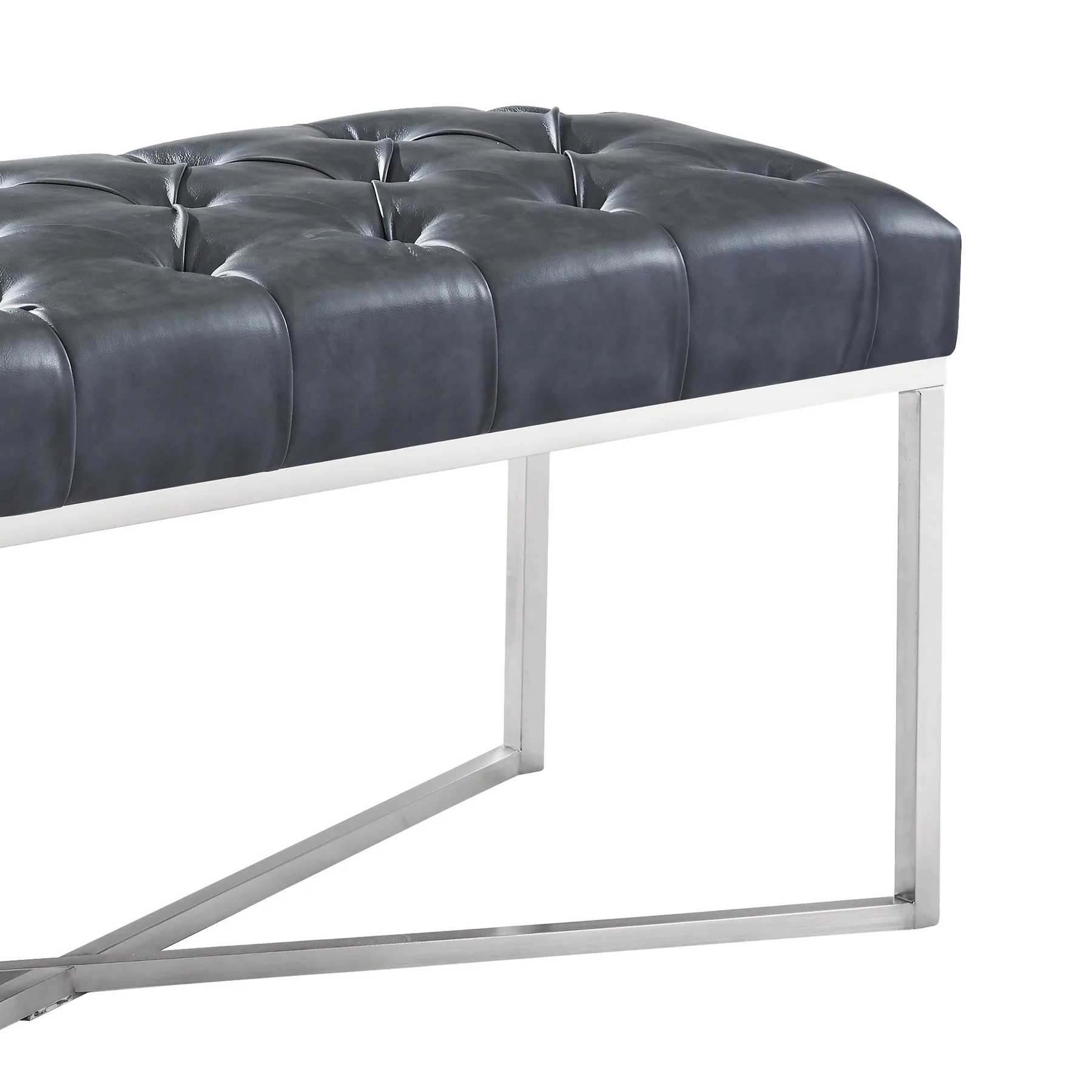 Noel Contemporary Bench in Gray Faux Leather and Brushed Stainless Steel Finish - Image 2