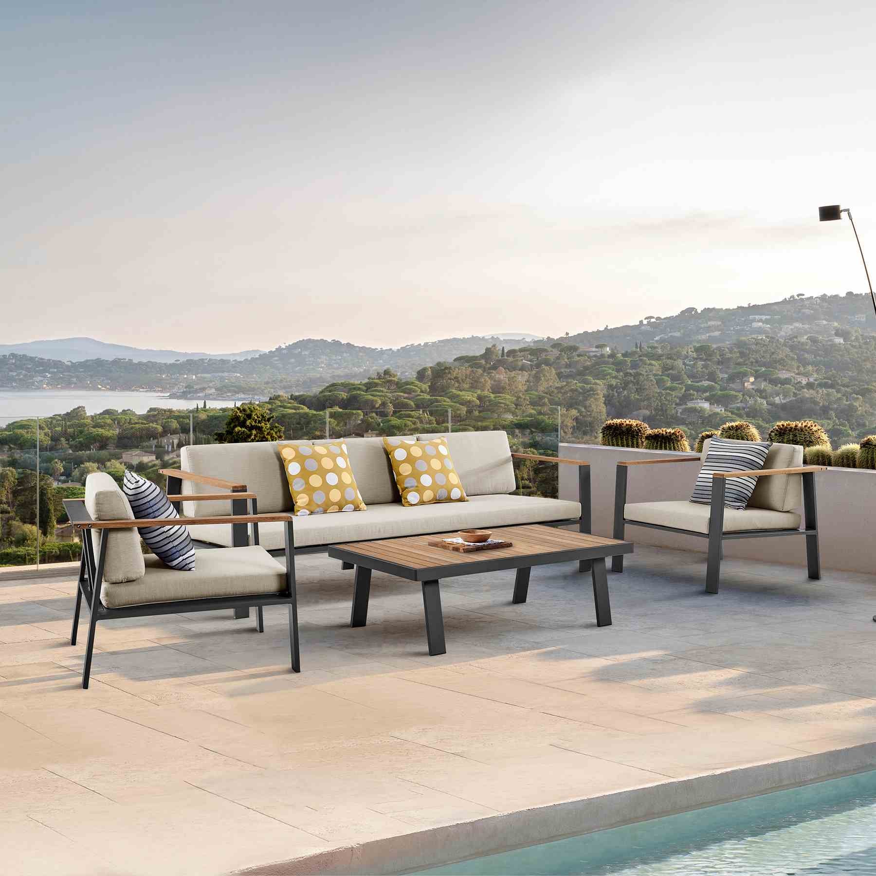 Nofi 4 piece Outdoor Patio Set in Charcoal Finish with Taupe Cushions and Teak Wood - Image 10