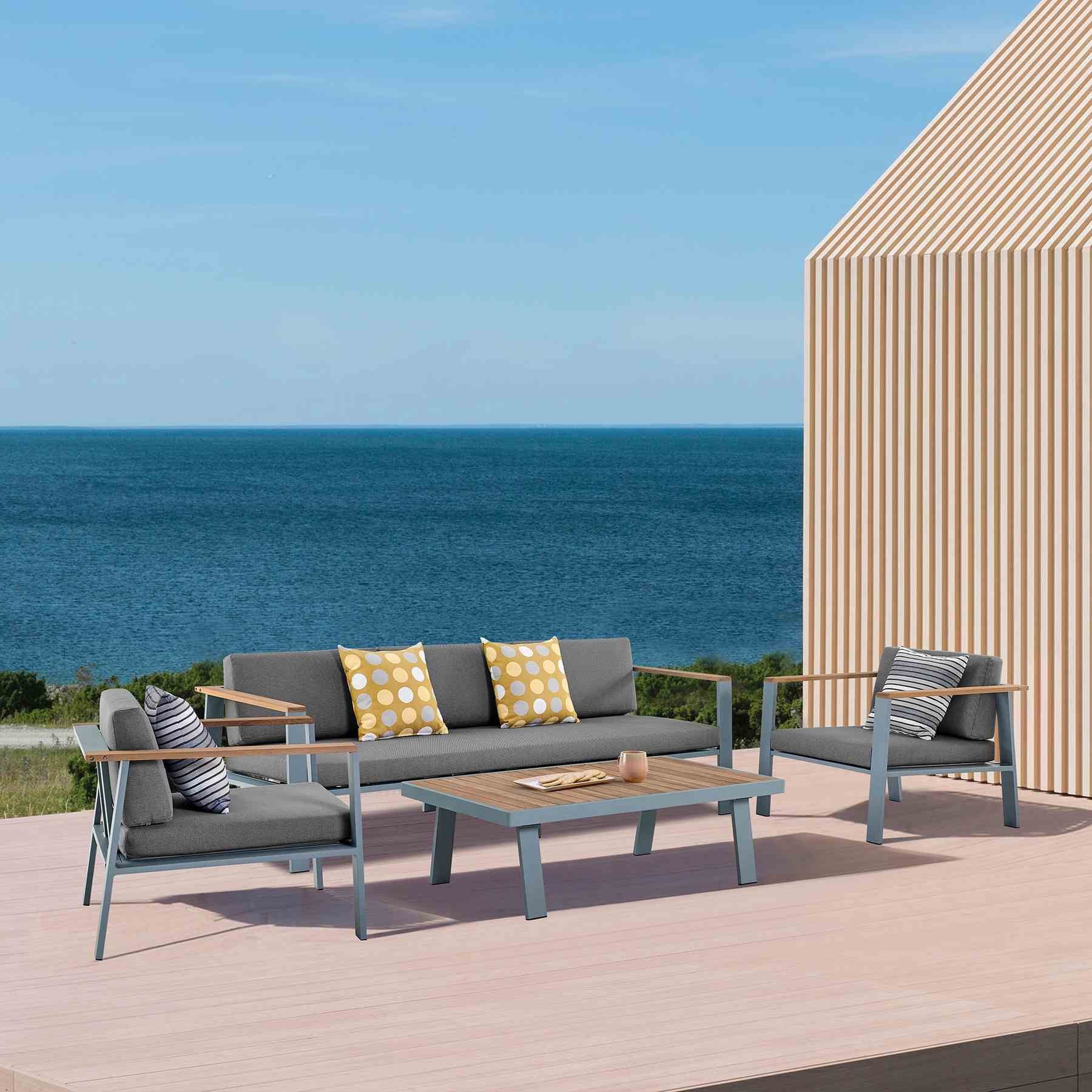 Nofi 4 piece Outdoor Patio Set in Gray Finish with Gray Cushions and Teak Wood - Image 10