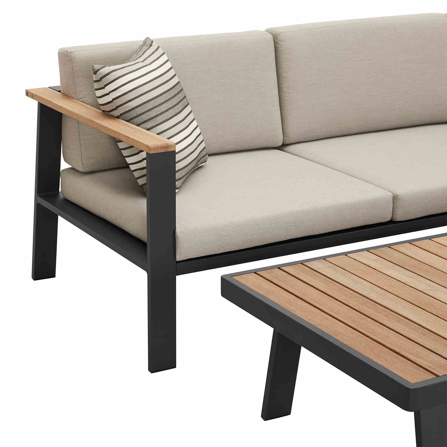 Nofi Aluminum and Teak Wood Outdoor Sectional Sofa in Charcoal and Taupe - Image 3