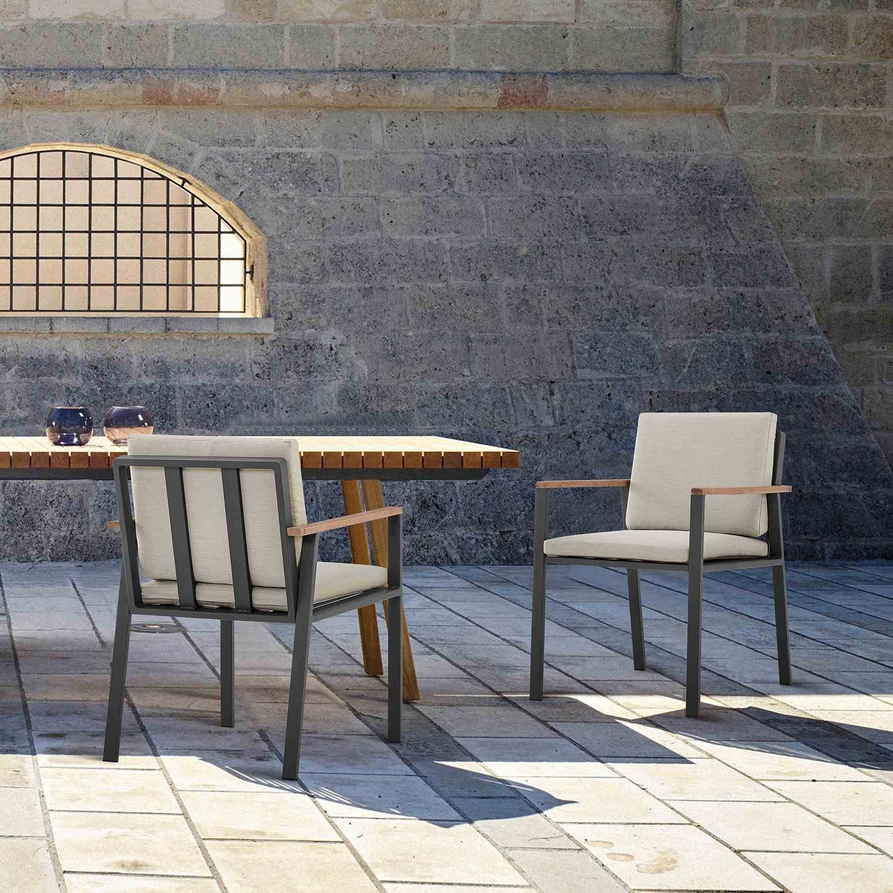 Nofi Outdoor Patio Dining Chair in Charcoal Finish with Taupe Cushions and Teak Wood Accent Arms - Set of 2 - Image 7