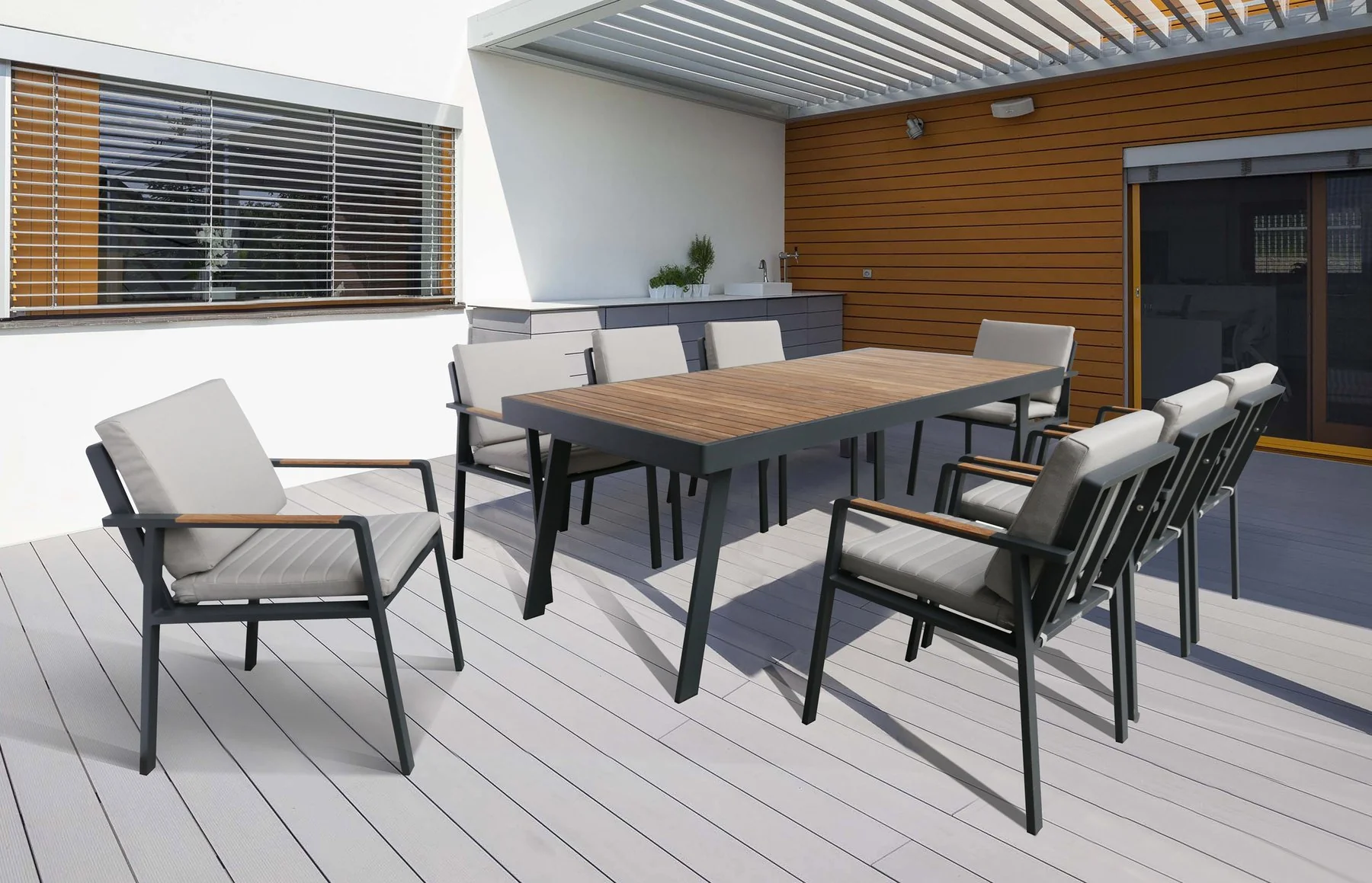 Nofi Outdoor Patio Dining Table in Charcoal Finish with Teak Wood Top - Image 6