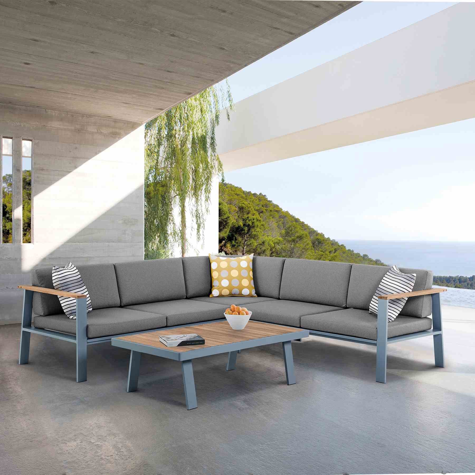 Nofi Outdoor Patio Sectional Set in Gray Finish with Gray Cushions and Teak Wood - Image 7
