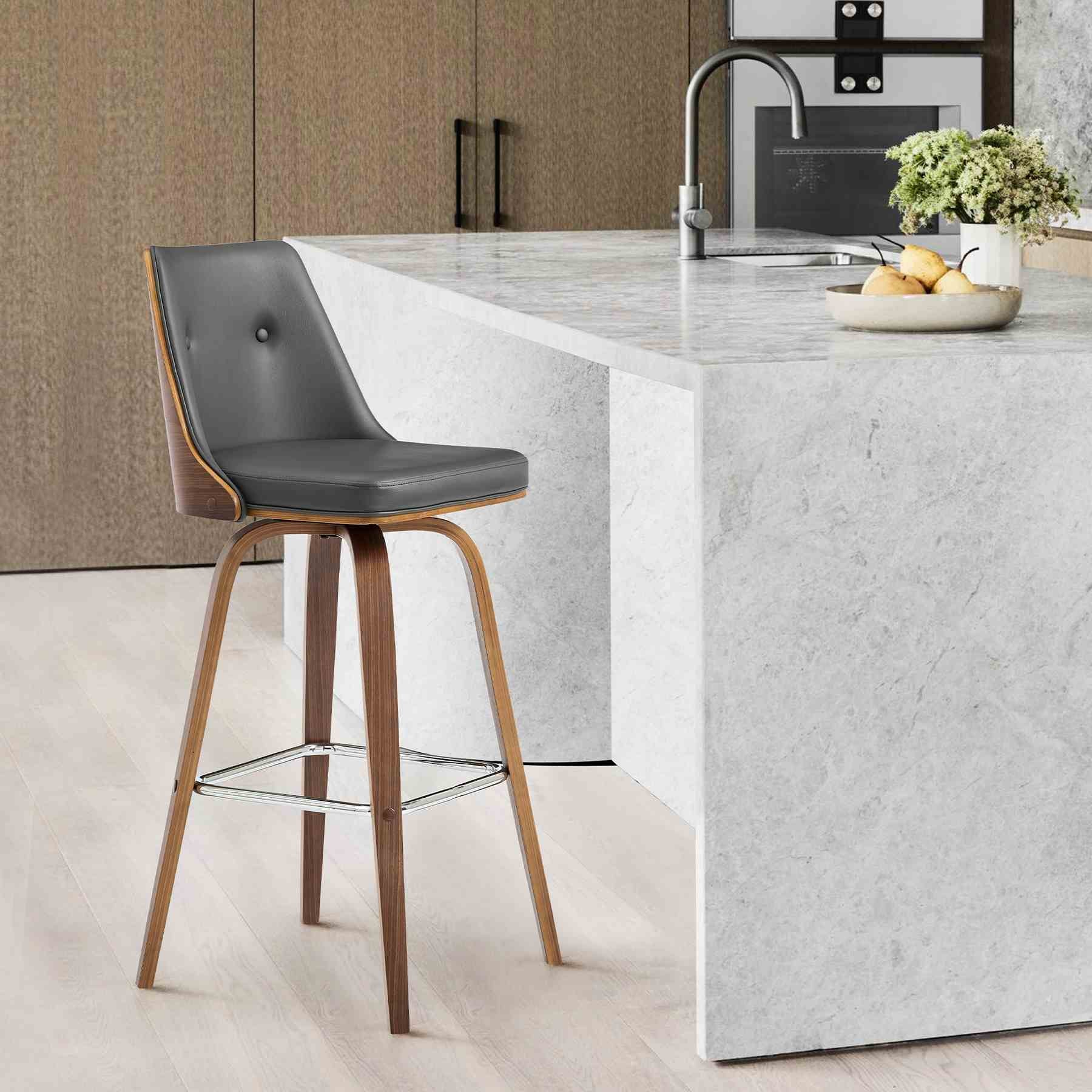Nolte 26" Swivel Counter Stool in Gray Faux Leather and Walnut Wood - Image 9
