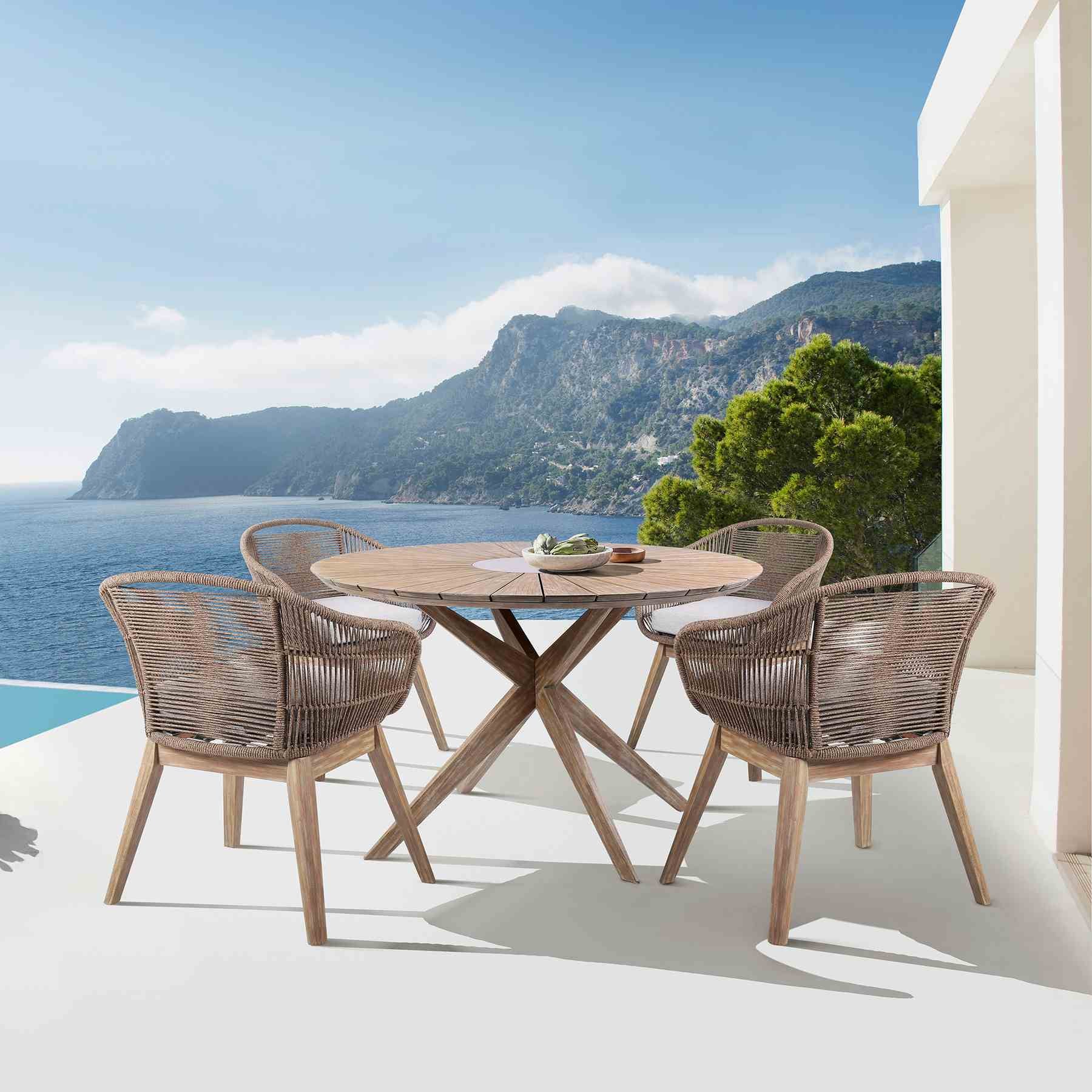 Oasis Tutti Frutti Outdoor Patio 5 Piece Round Dining Set in Eucalyptus Wood with Truffle Rope and Gray Cushions - Image 9