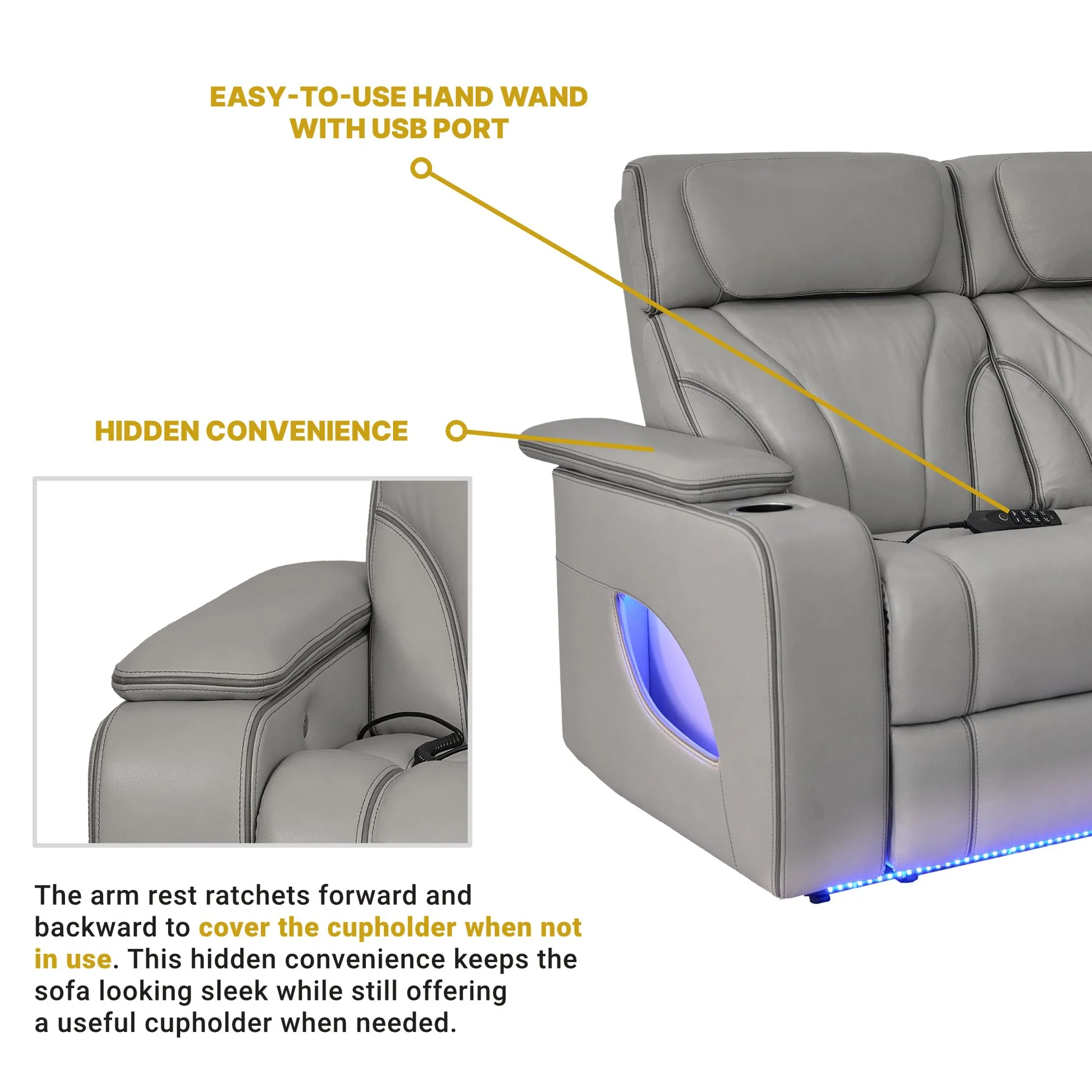 Octavia 86" Zero Gravity Power Reclining Sofa with Heat and Massage in Silver and Gray Leather - Image 11