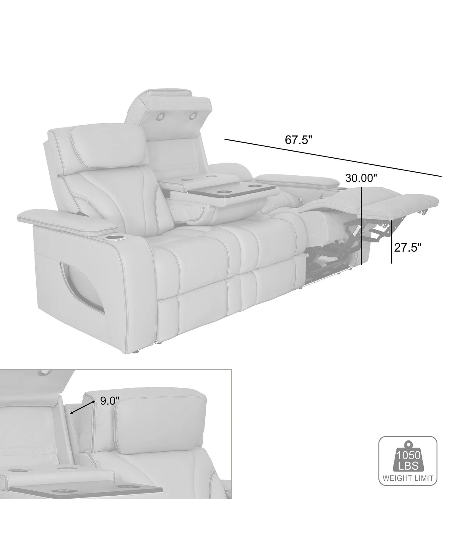Octavia 86" Zero Gravity Power Reclining Sofa with Heat and Massage in Silver and Gray Leather - Image 15