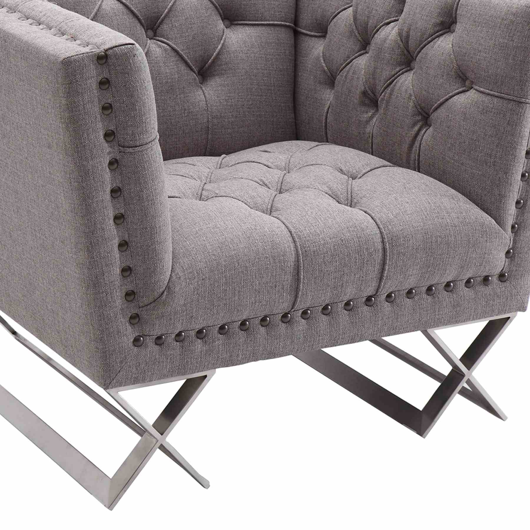 Odyssey Sofa Chair in Brushed Stainless Steel finish with Gray Tweed and Black Nail heads - Image 4