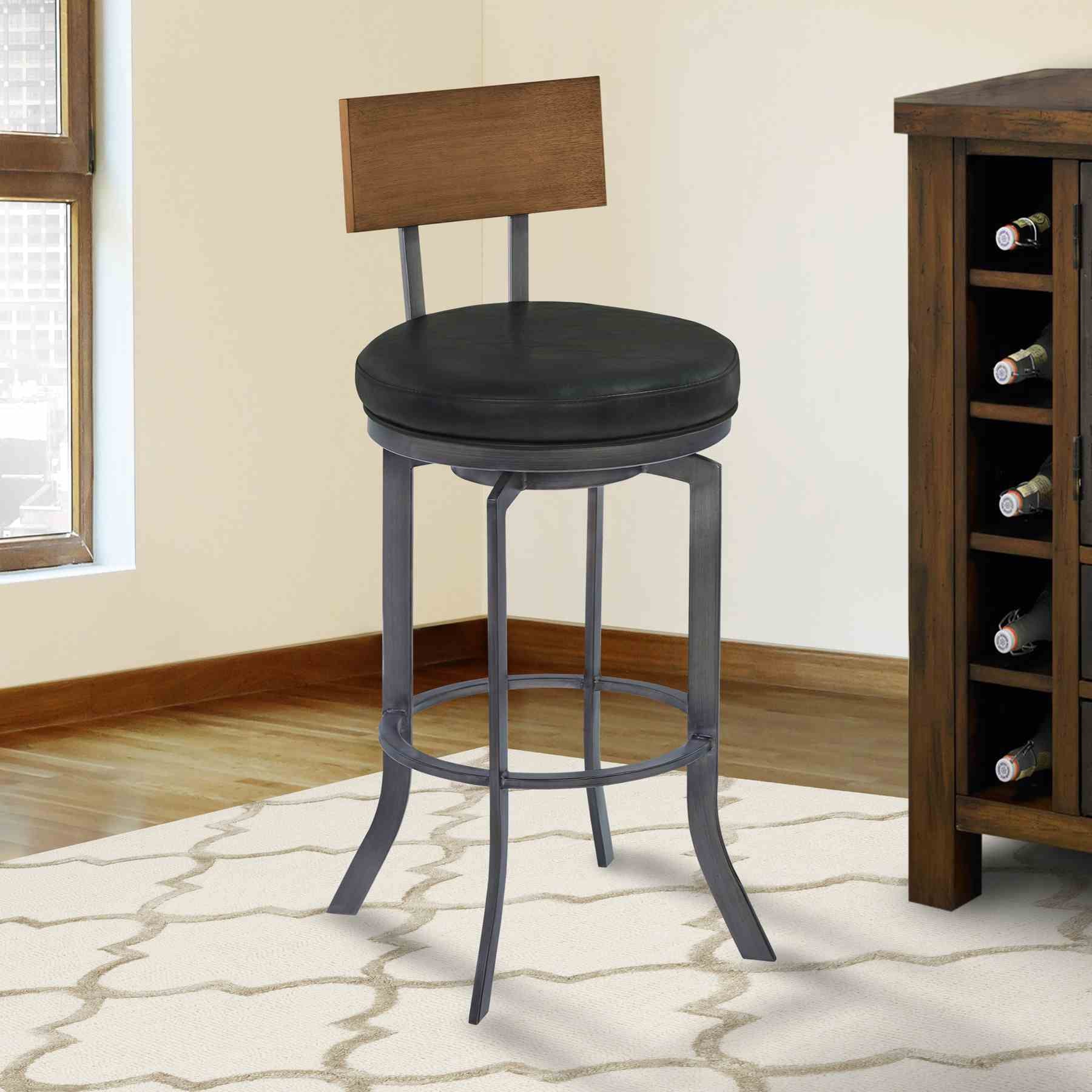 Ojai 26" Counter Height Metal Swivel Barstool in Vintage Black Faux Leather with Mineral Finish and Walnut Wood Back - Image 7