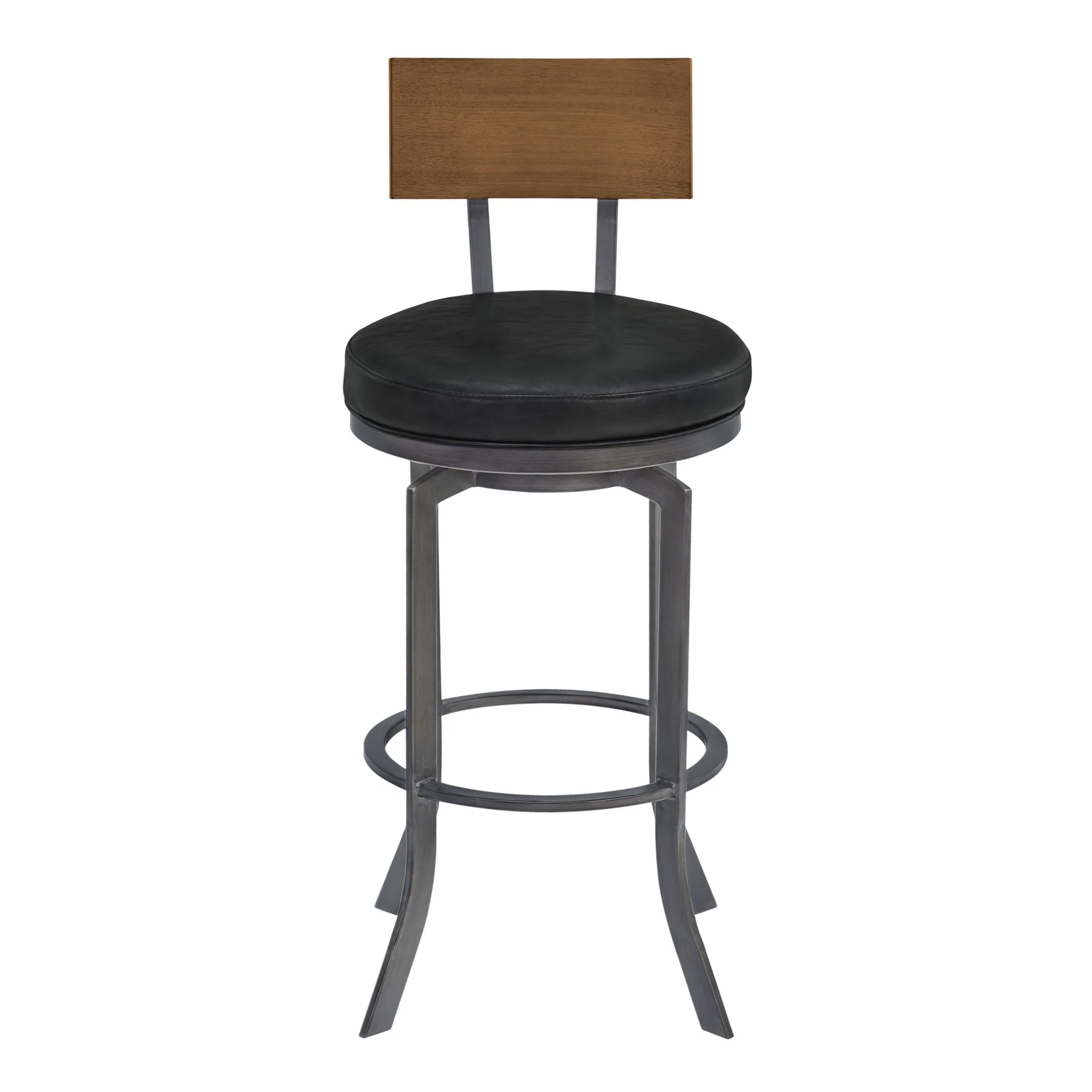 Ojai 30" Bar Height Metal Swivel Barstool in Vintage Black Faux Leather with Mineral Finish and Walnut Wood Back - Image 2