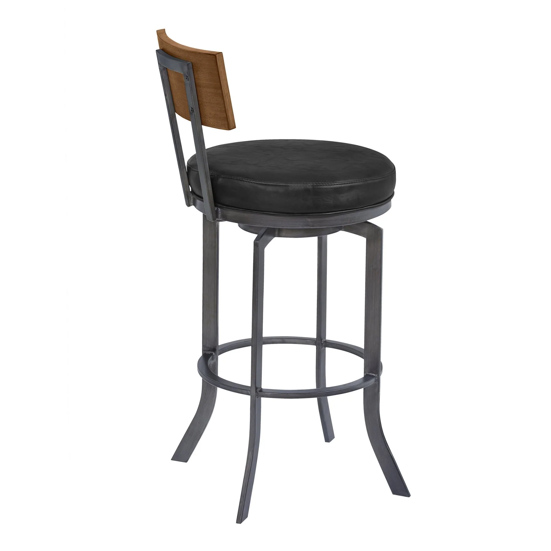 Ojai 30" Bar Height Metal Swivel Barstool in Vintage Black Faux Leather with Mineral Finish and Walnut Wood Back - Image 3