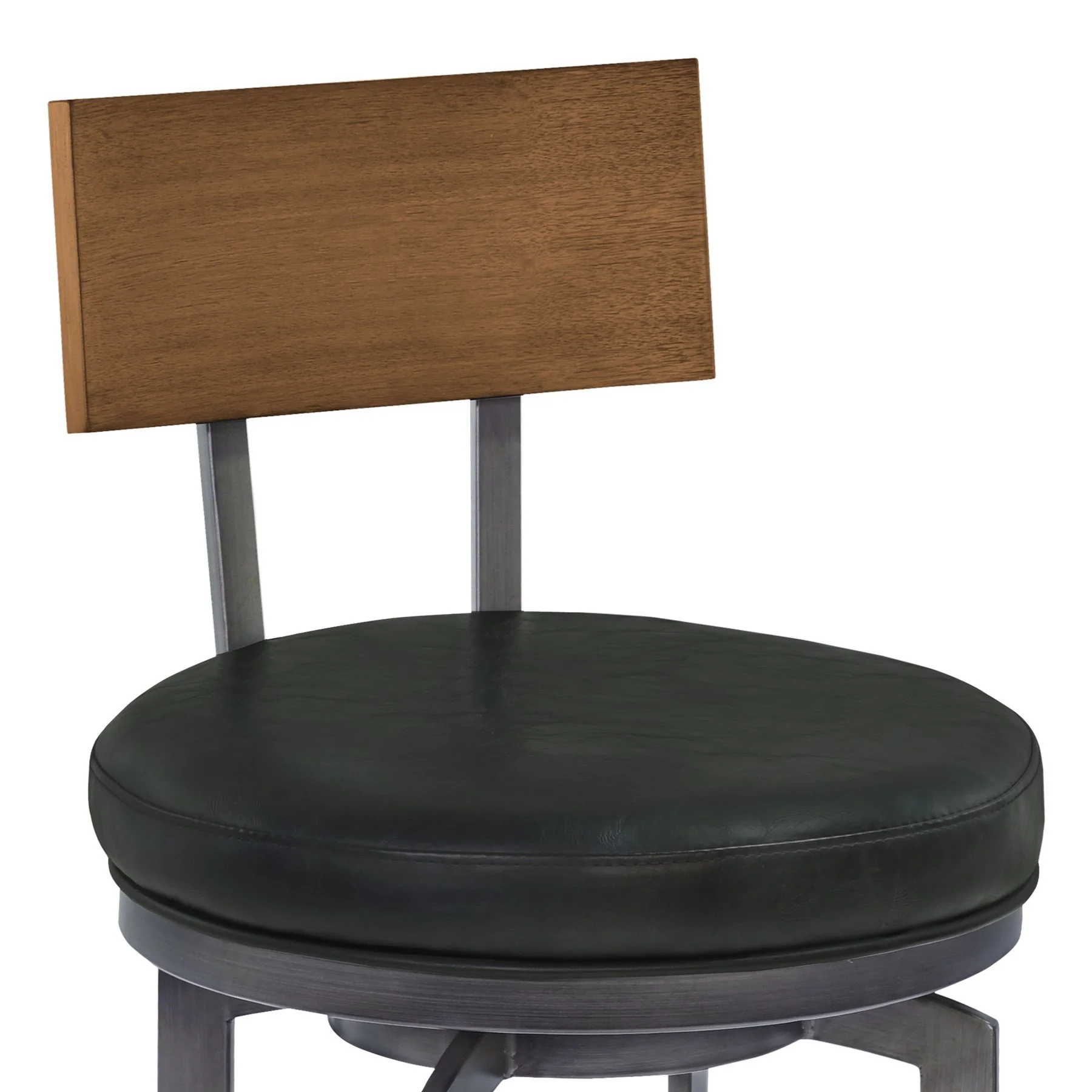 Ojai 30" Bar Height Metal Swivel Barstool in Vintage Black Faux Leather with Mineral Finish and Walnut Wood Back - Image 4