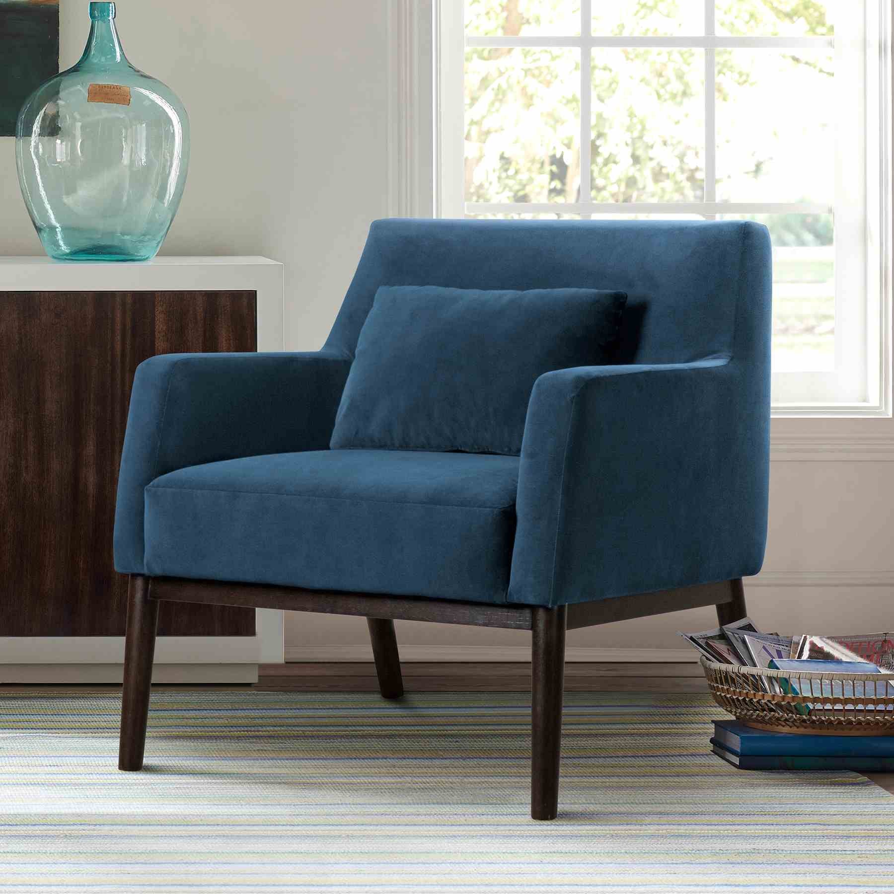 Oliver Blue Velvet Modern Accent Chair with Wood Legs - Image 6