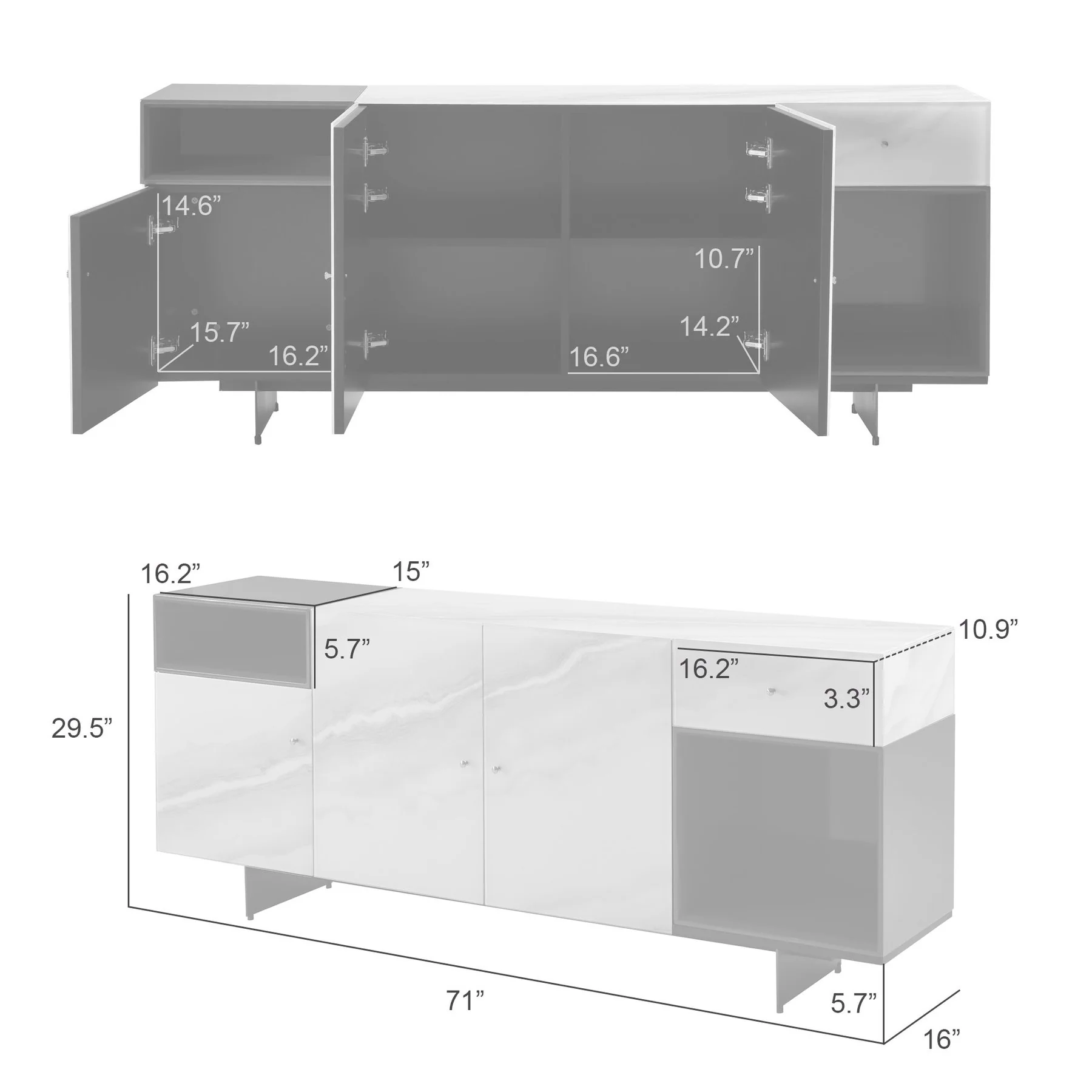 Olivia Modern 3-Door Sideboard with White Marble-Effect Tempered Glass and Black Open Shelving - Image 10