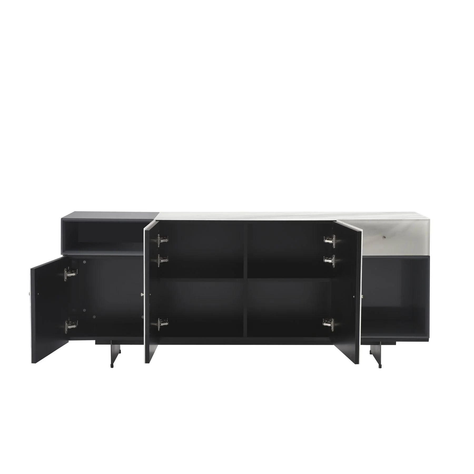 Olivia Modern 3-Door Sideboard with White Marble-Effect Tempered Glass and Black Open Shelving - Image 4