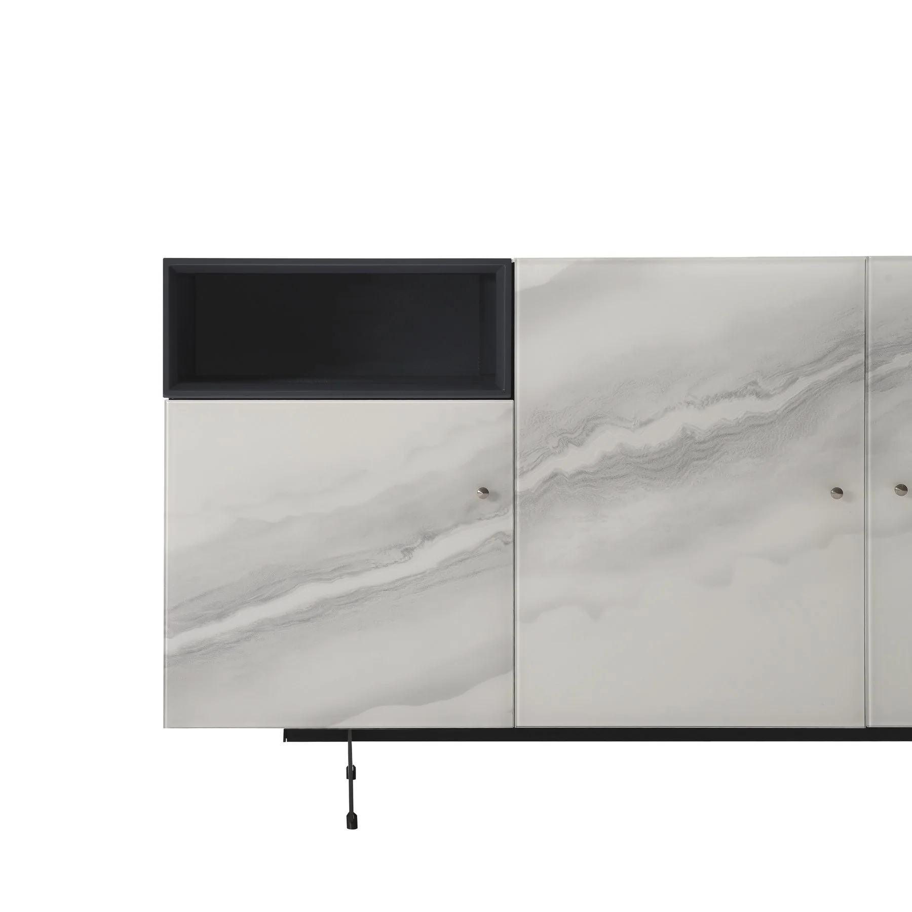 Olivia Modern 3-Door Sideboard with White Marble-Effect Tempered Glass and Black Open Shelving - Image 5