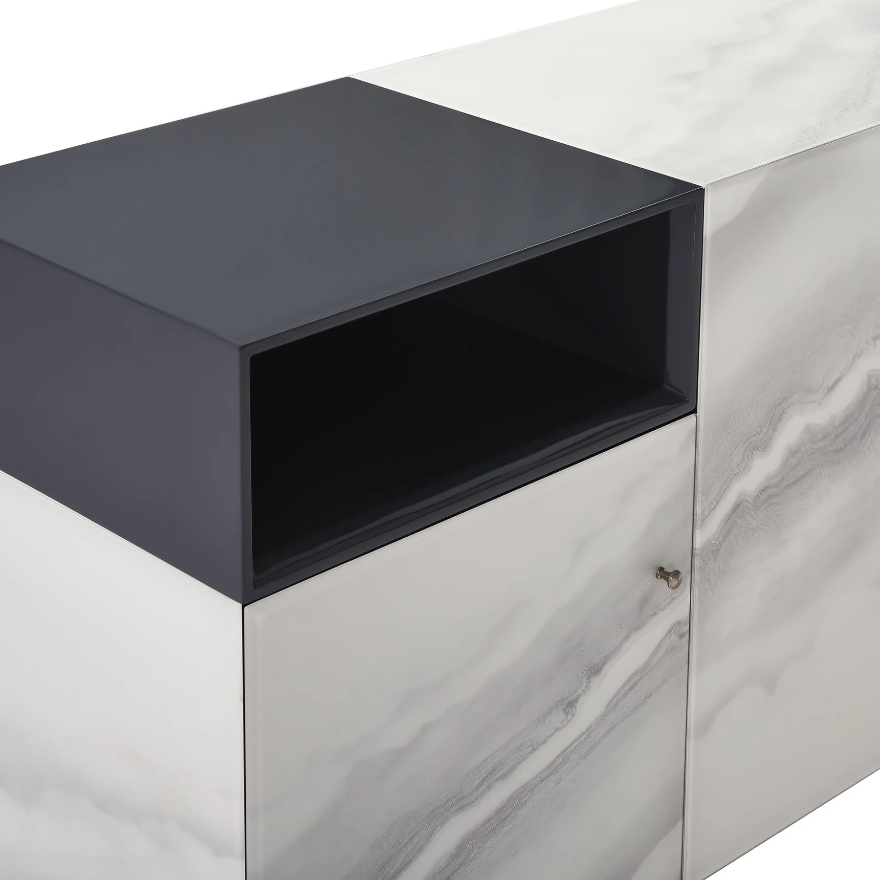 Olivia Modern 3-Door Sideboard with White Marble-Effect Tempered Glass and Black Open Shelving - Image 6