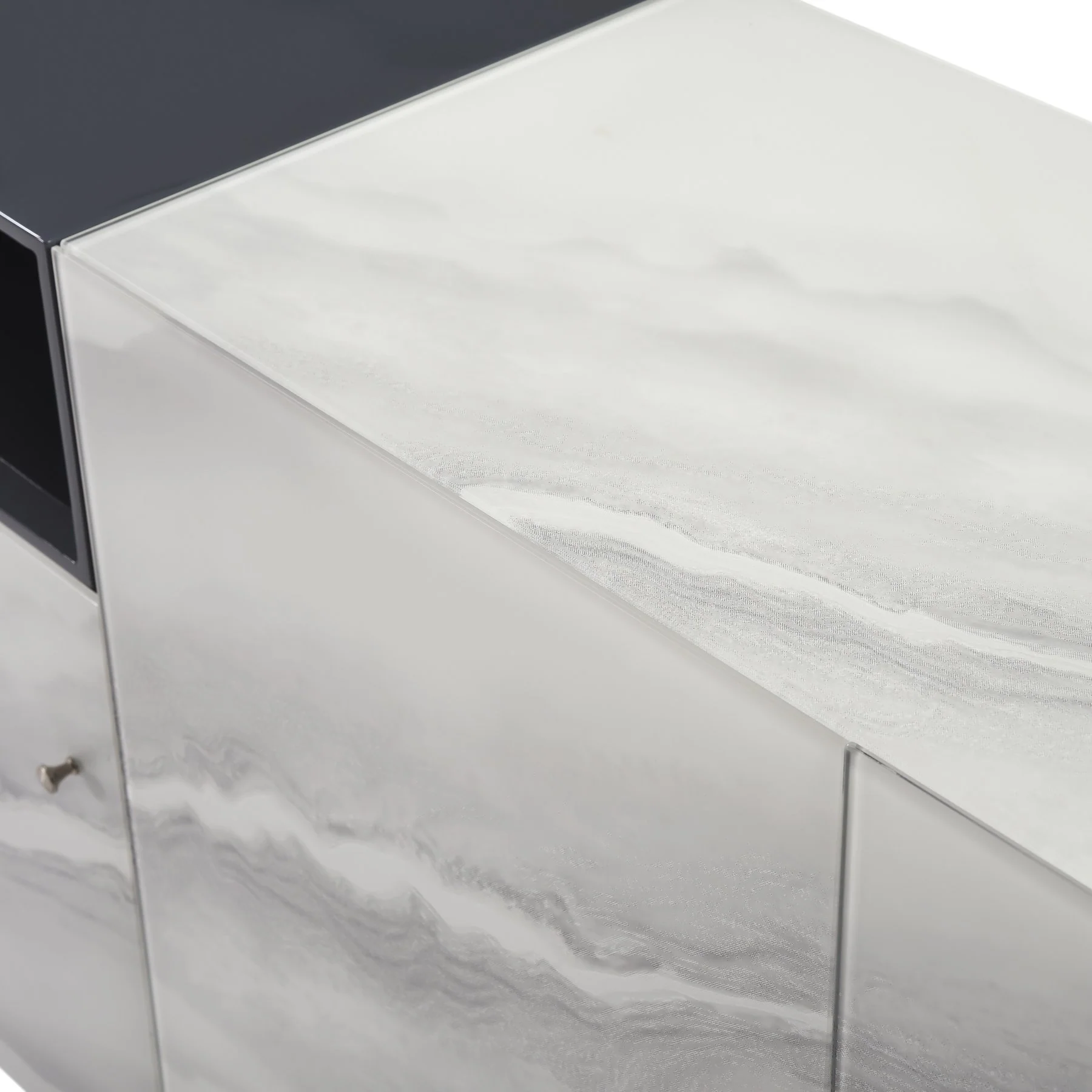 Olivia Modern 3-Door Sideboard with White Marble-Effect Tempered Glass and Black Open Shelving - Image 8