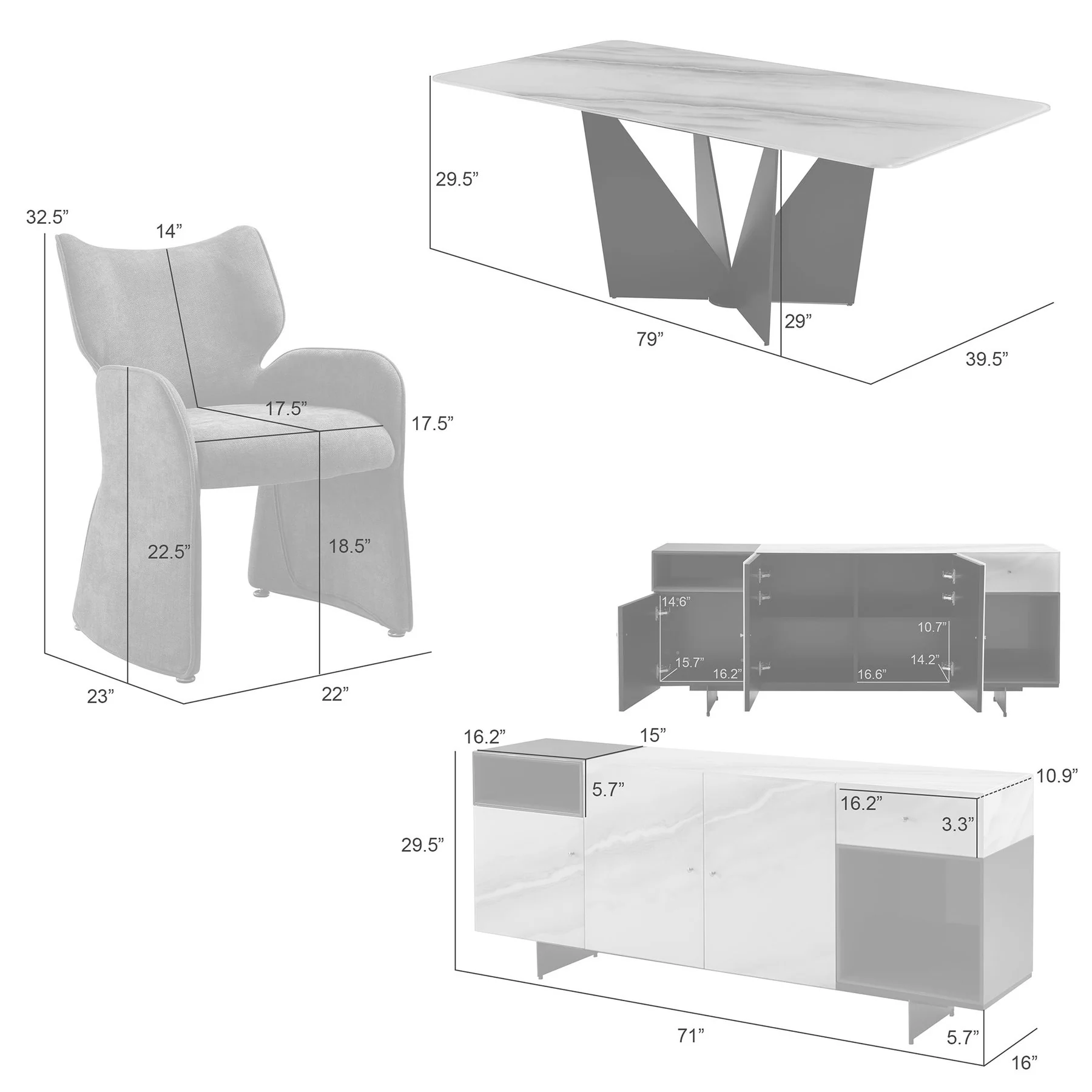 Olivia Modern 8-Piece Dining Set with Tempered Glass Table, Gray Upholstered Armchairs, and 3-Door Sideboard - Image 12
