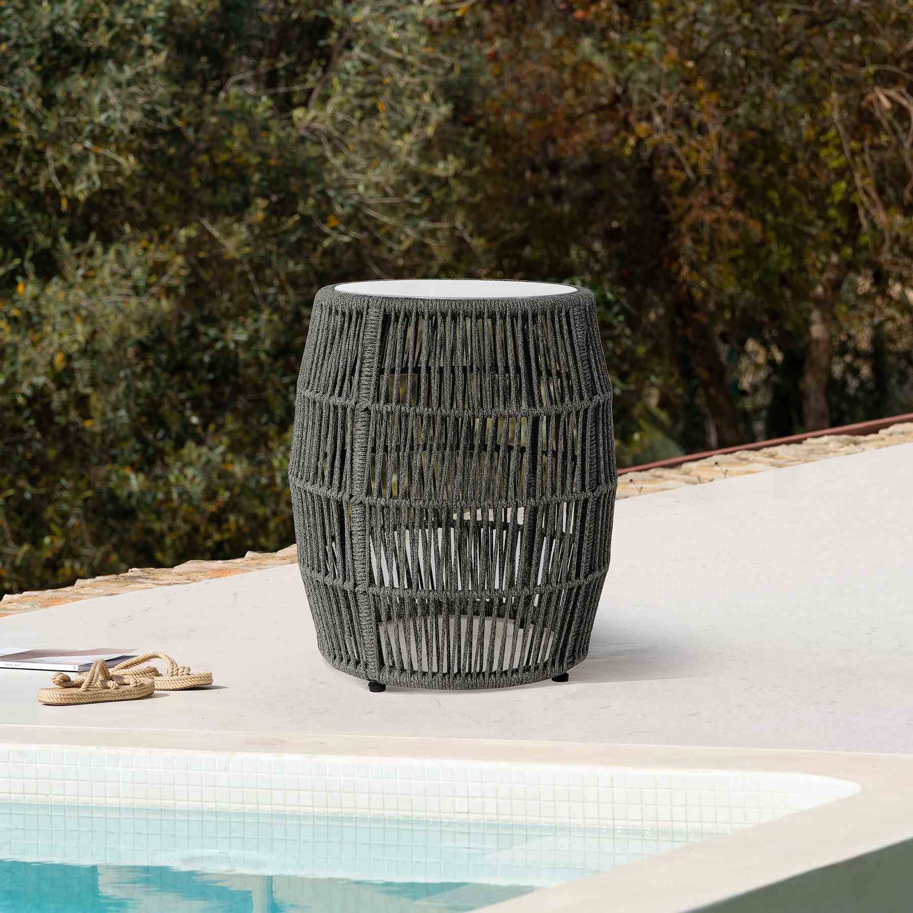 Opus Indoor Outdoor Garden Stool End Table in Charcoal Rope and Gray Superstone - Image 7