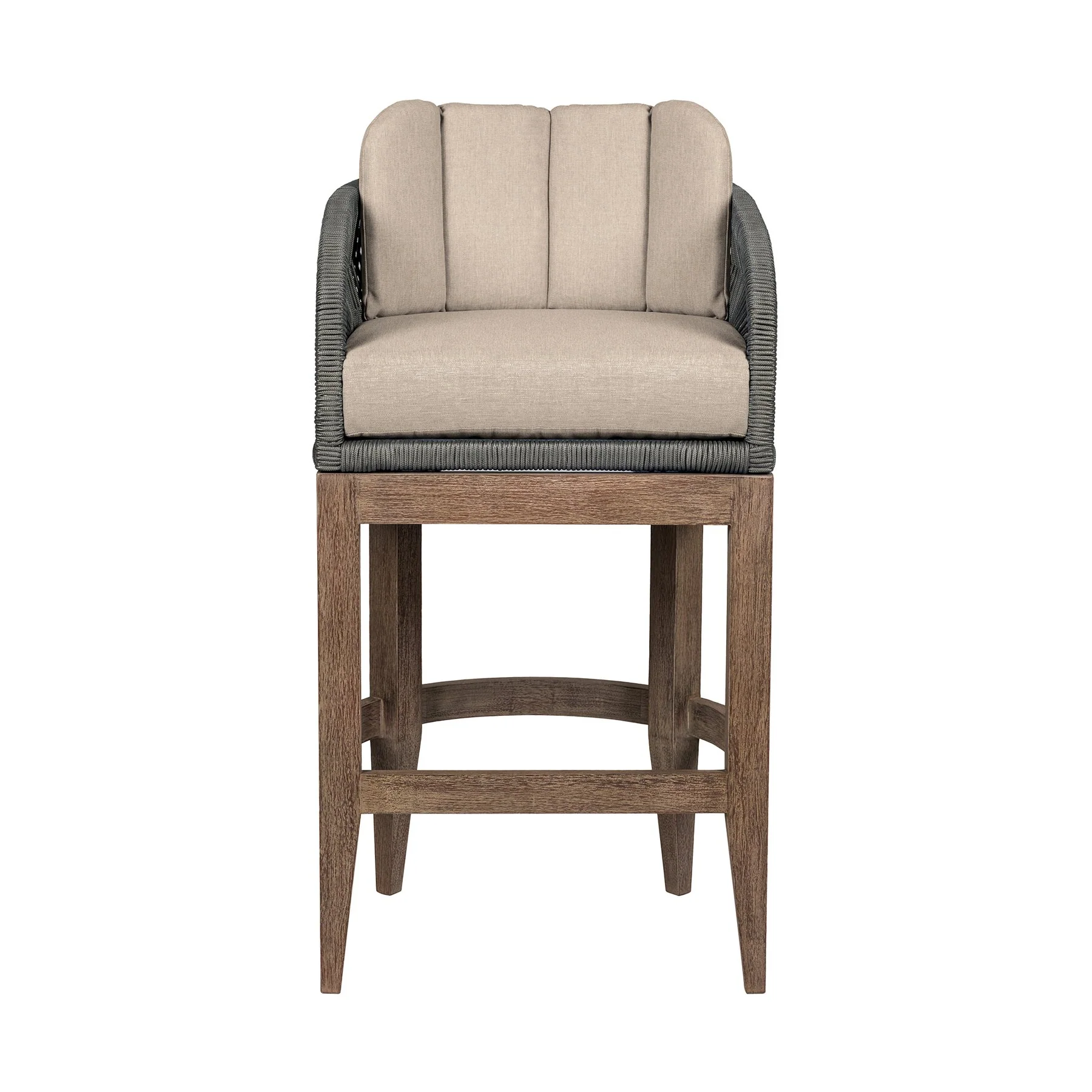 Orbit Outdoor Patio 26" Counter Stool in Weathered Eucalyptus Wood with Gray Rope and Taupe Olefin Cushions - Image 2