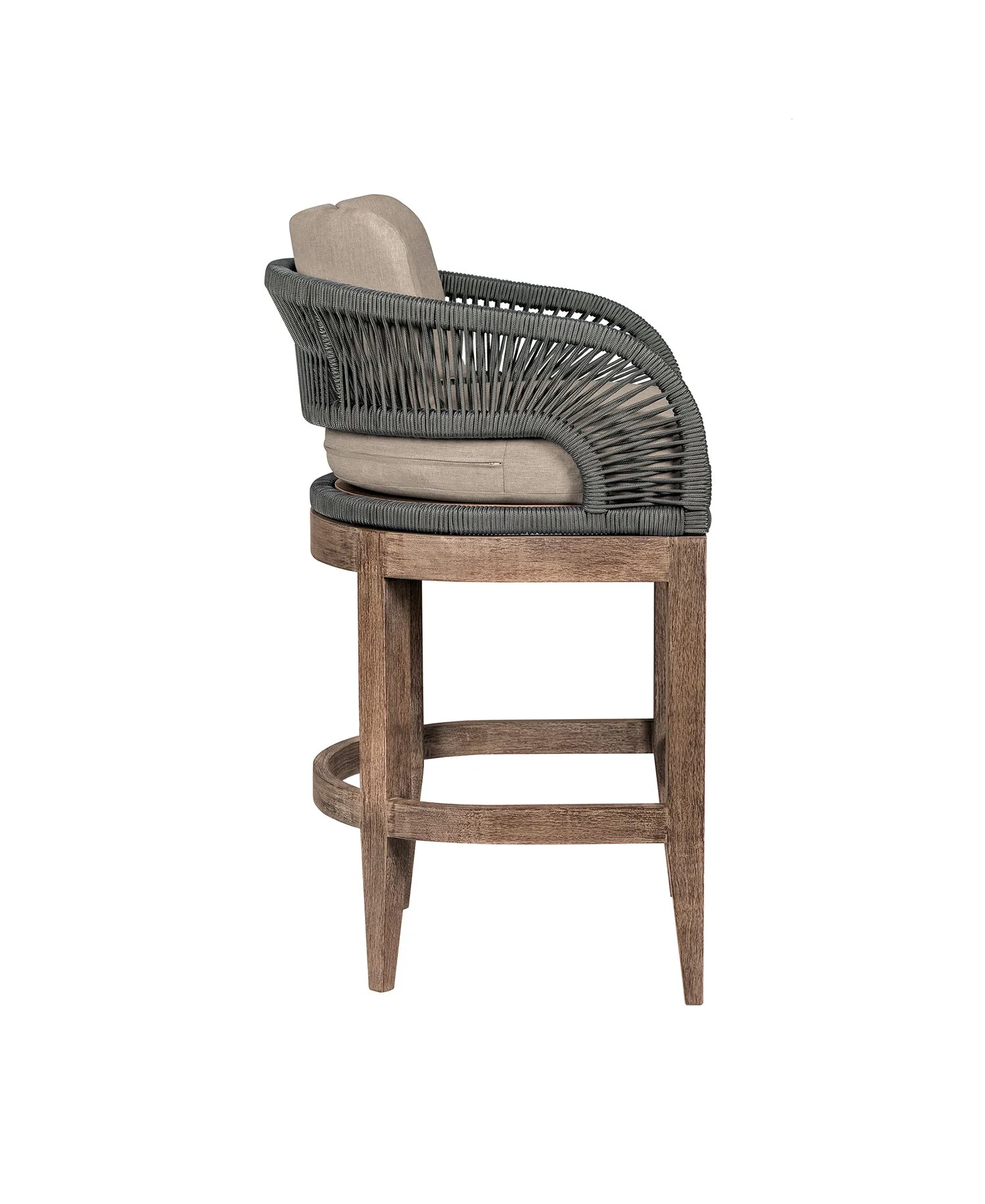Orbit Outdoor Patio 26" Counter Stool in Weathered Eucalyptus Wood with Gray Rope and Taupe Olefin Cushions - Image 3
