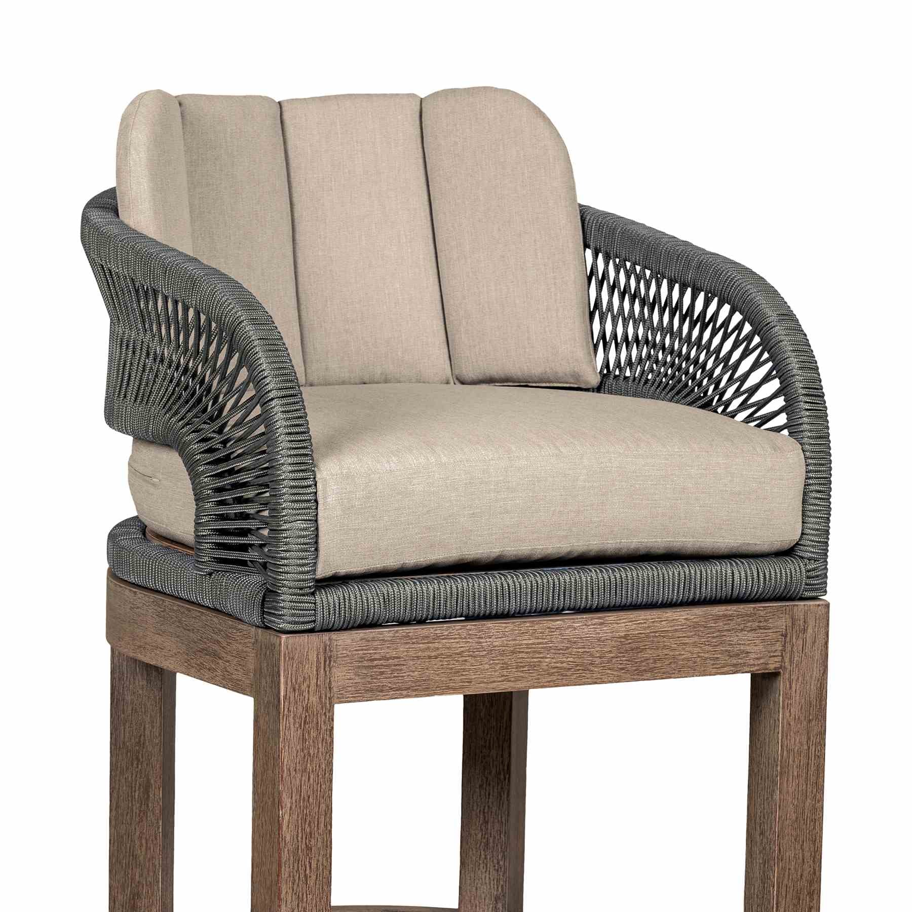 Orbit Outdoor Patio 26" Counter Stool in Weathered Eucalyptus Wood with Gray Rope and Taupe Olefin Cushions - Image 6