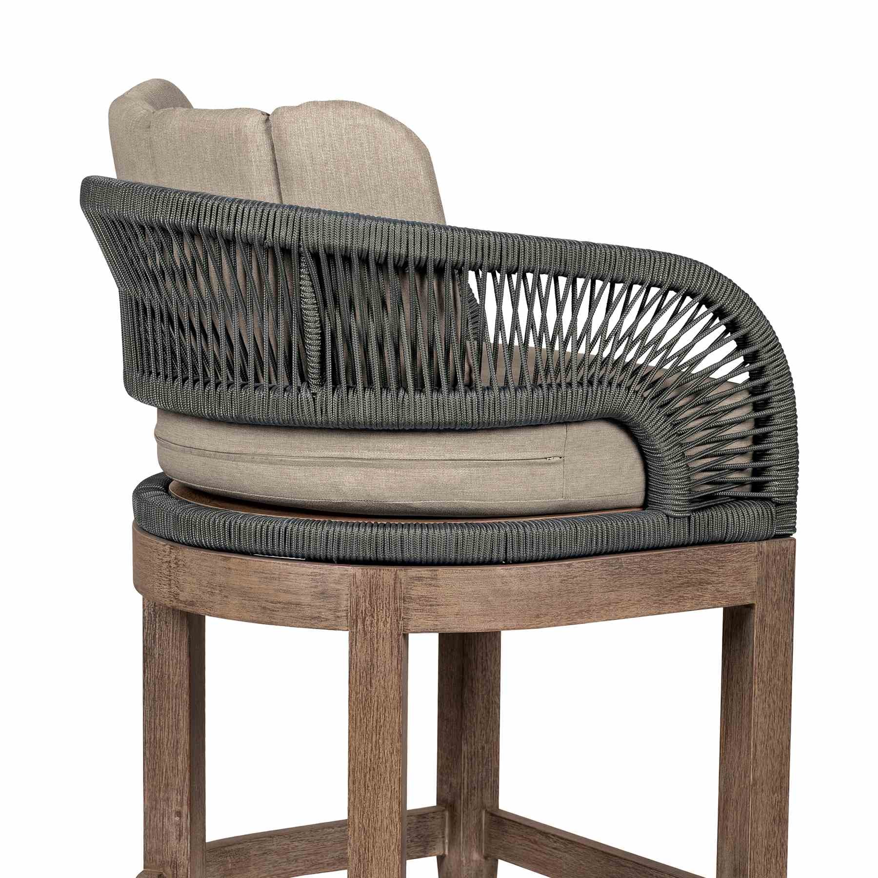 Orbit Outdoor Patio 26" Counter Stool in Weathered Eucalyptus Wood with Gray Rope and Taupe Olefin Cushions - Image 7