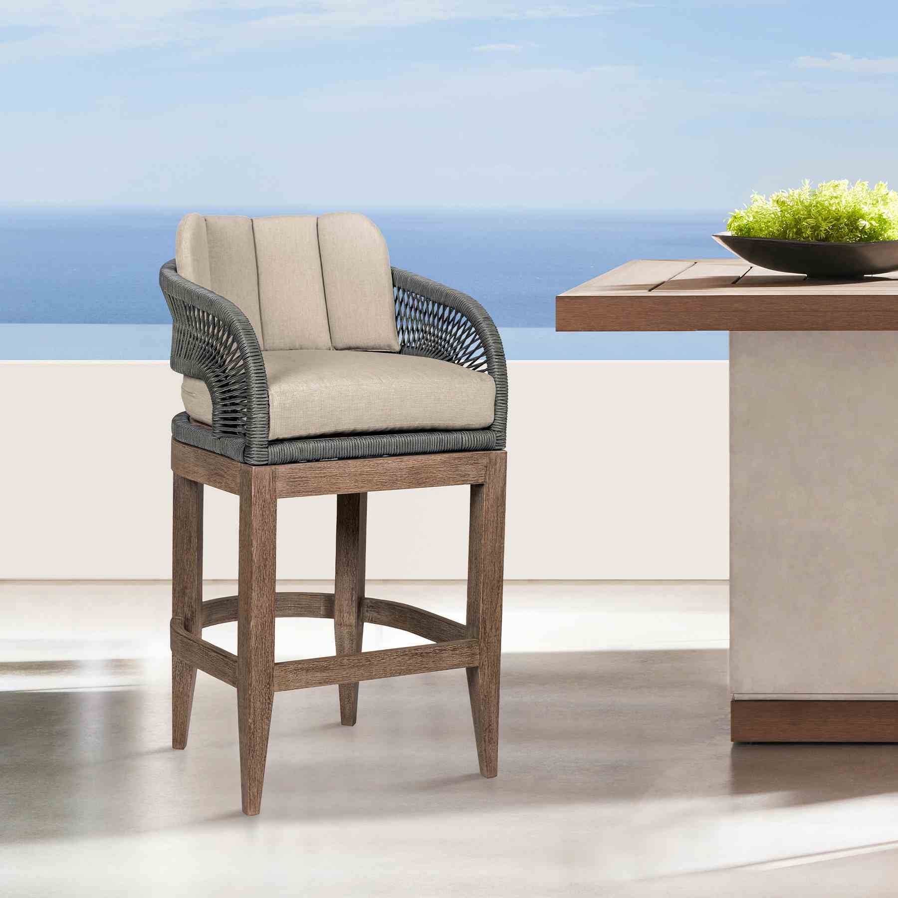 Orbit Outdoor Patio 30" Bar Stool in Weathered Eucalyptus Wood with Gray Rope and Taupe Olefin Cushions - Image 11