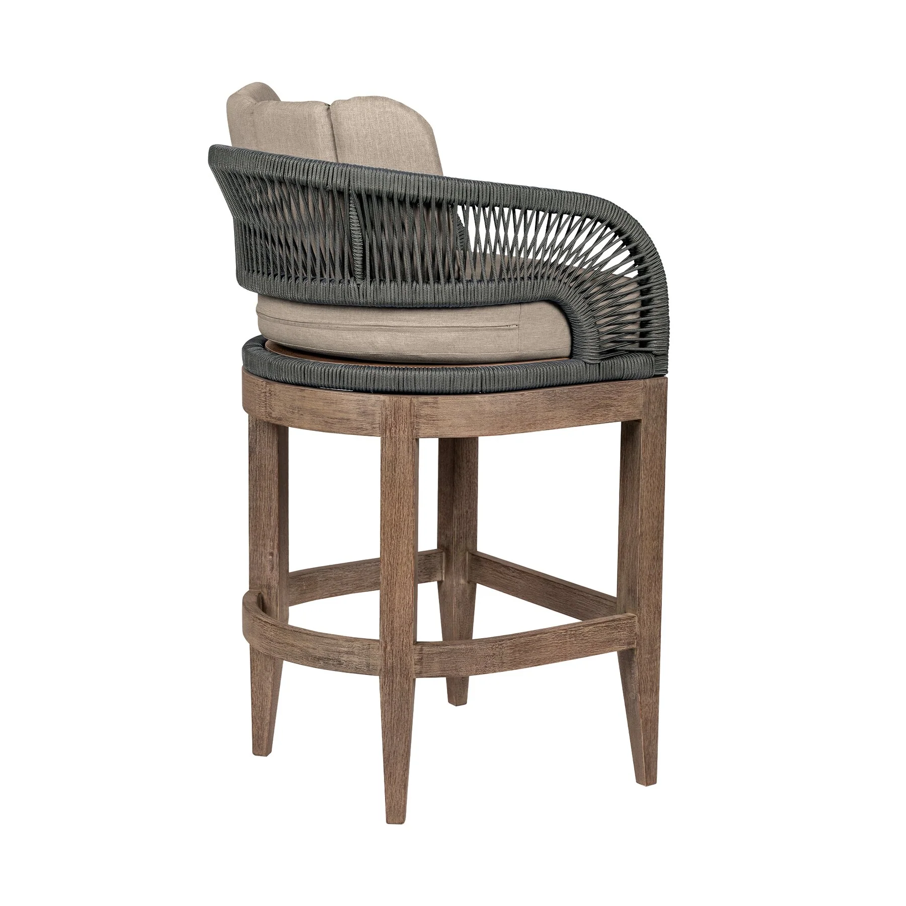 Orbit Outdoor Patio 30" Bar Stool in Weathered Eucalyptus Wood with Gray Rope and Taupe Olefin Cushions - Image 4