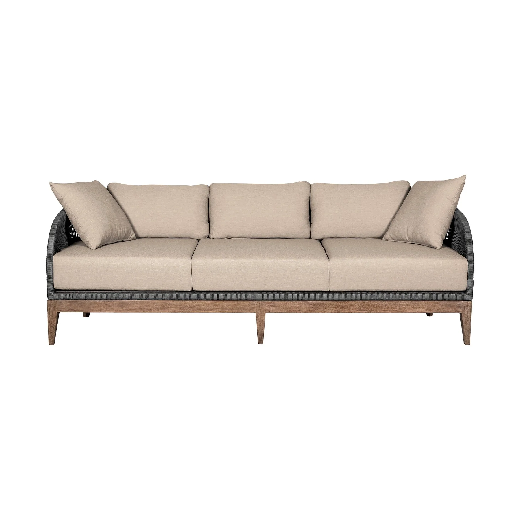 Orbit Outdoor Patio 4 Piece Conversation Set in Weathered Eucalyptus Wood with Gray Rope and Taupe Olefin Cushions - Image 2