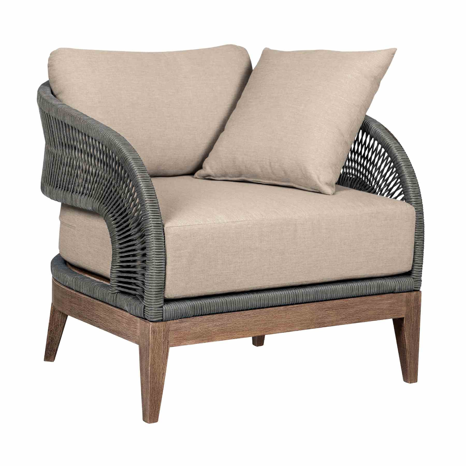 Orbit Outdoor Patio 4 Piece Conversation Set in Weathered Eucalyptus Wood with Gray Rope and Taupe Olefin Cushions - Image 5