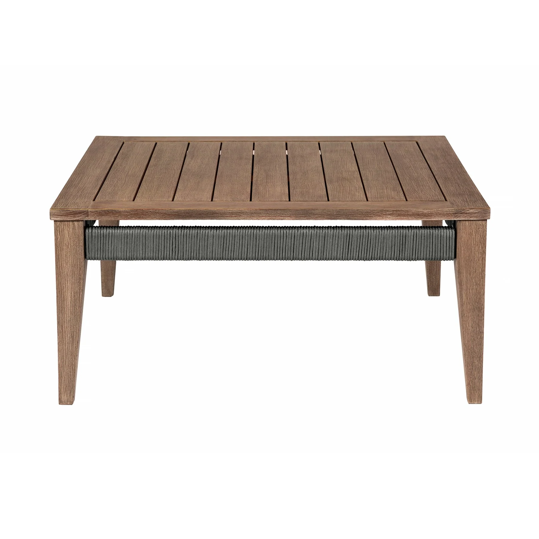Orbit Outdoor Patio 4 Piece Conversation Set in Weathered Eucalyptus Wood with Gray Rope and Taupe Olefin Cushions - Image 7