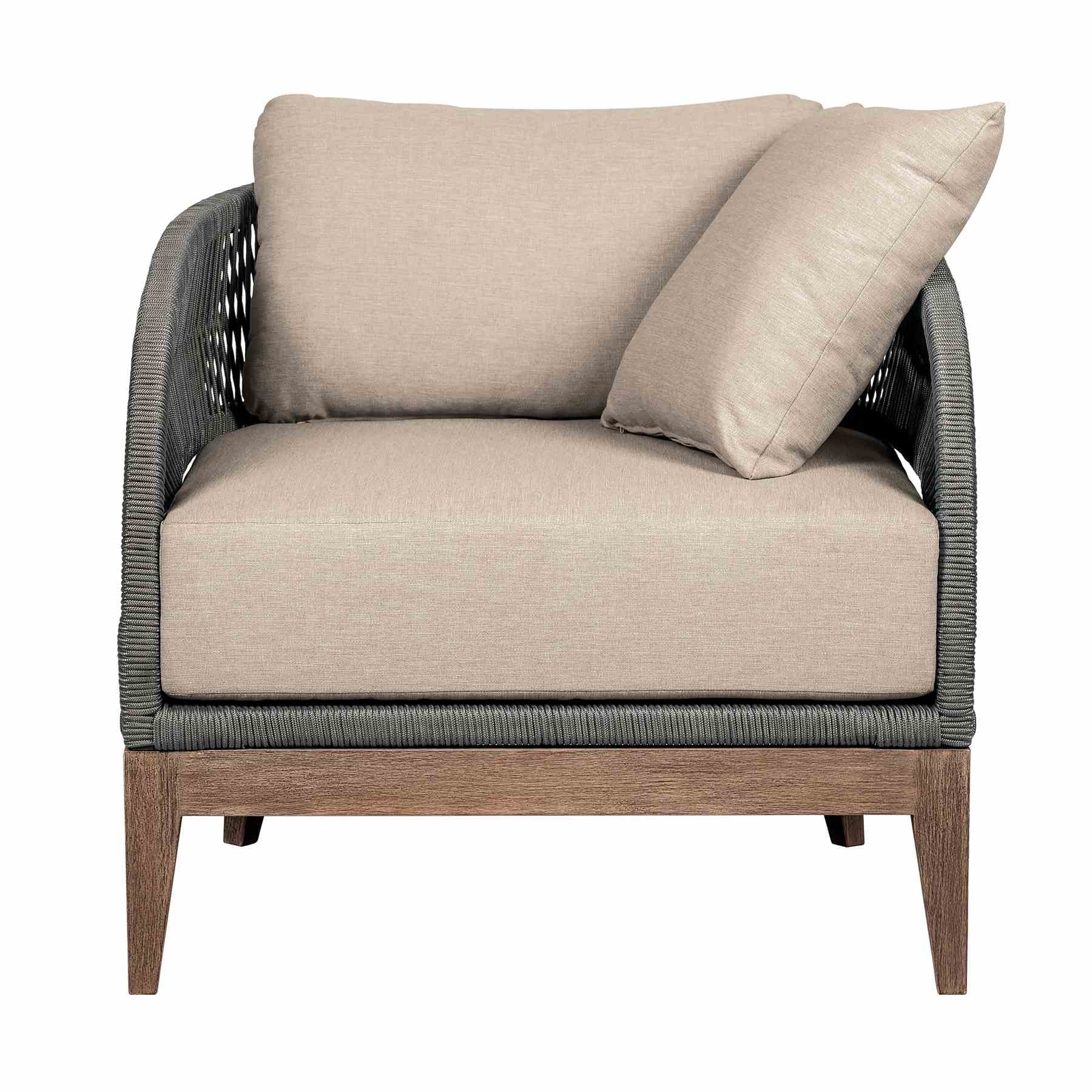 Orbit Outdoor Patio Chair in Weathered Eucalyptus Wood with Gray Rope and Taupe Olefin Cushions - Image 2