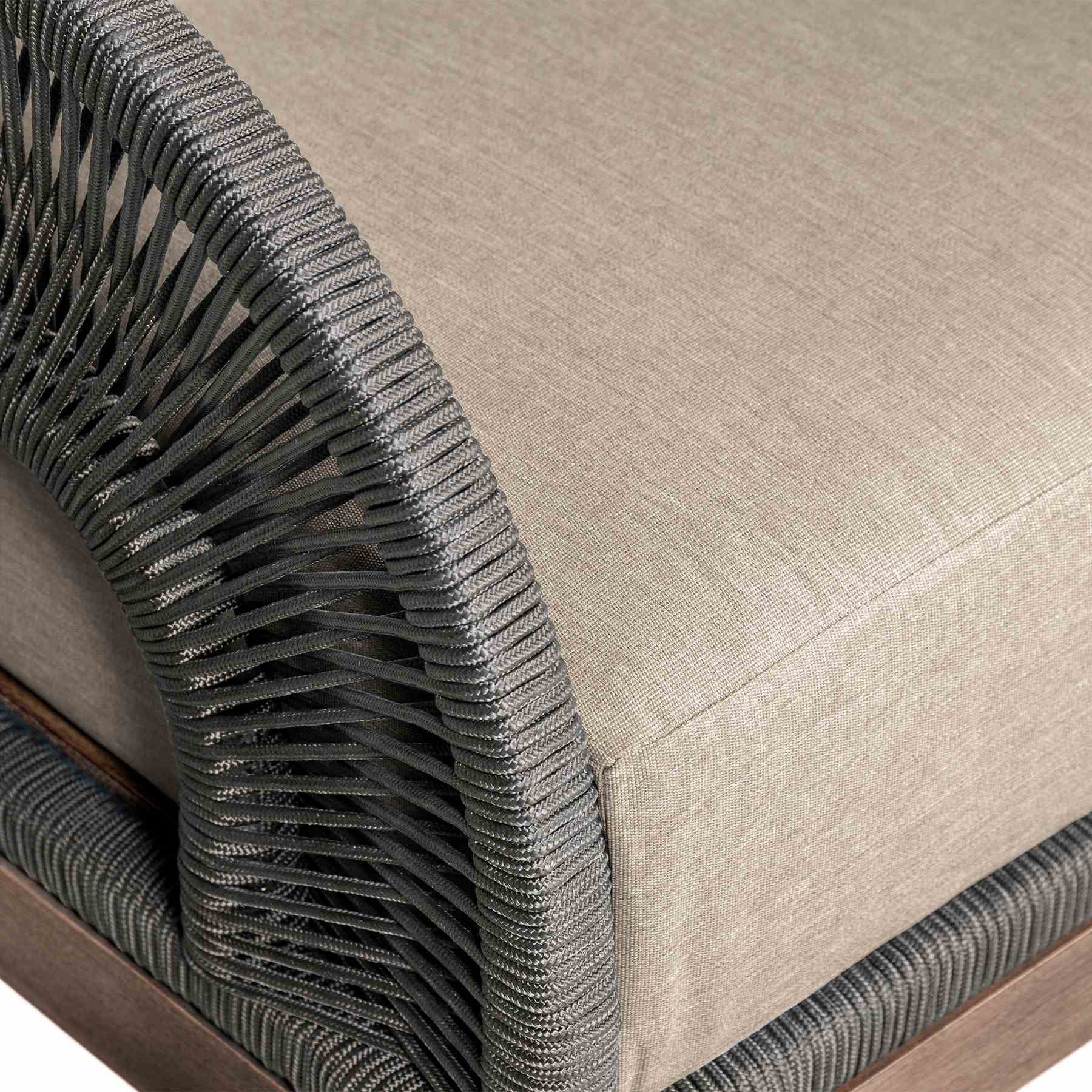 Orbit Outdoor Patio Chair in Weathered Eucalyptus Wood with Gray Rope and Taupe Olefin Cushions - Image 5