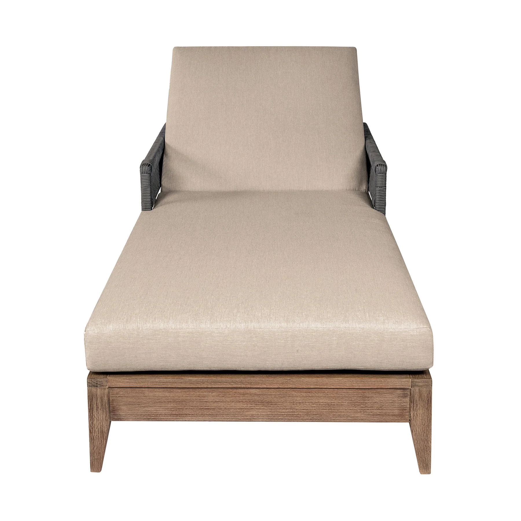 Orbit Outdoor Patio Chaise Lounge Chair in Weathered Eucalyptus Wood with Gray Rope and Taupe Olefin Cushions - Image 2