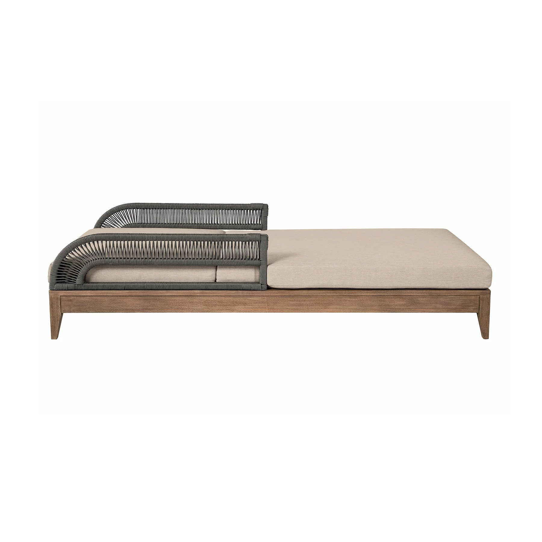 Orbit Outdoor Patio Chaise Lounge Chair in Weathered Eucalyptus Wood with Gray Rope and Taupe Olefin Cushions - Image 4
