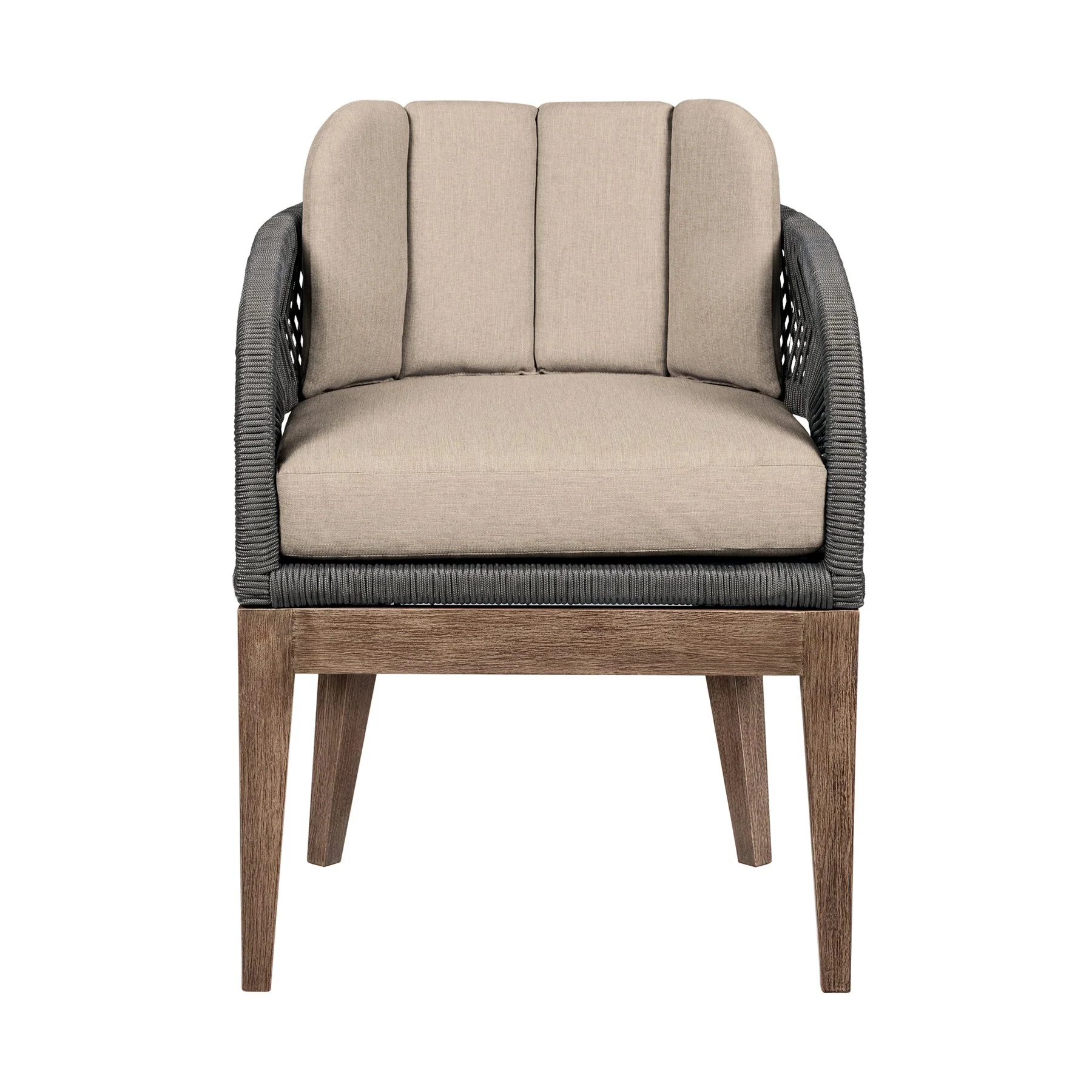 Orbit Outdoor Patio Dining Chair in Weathered Eucalyptus Wood with Gray Rope and Taupe Olefin Cushions - Image 2