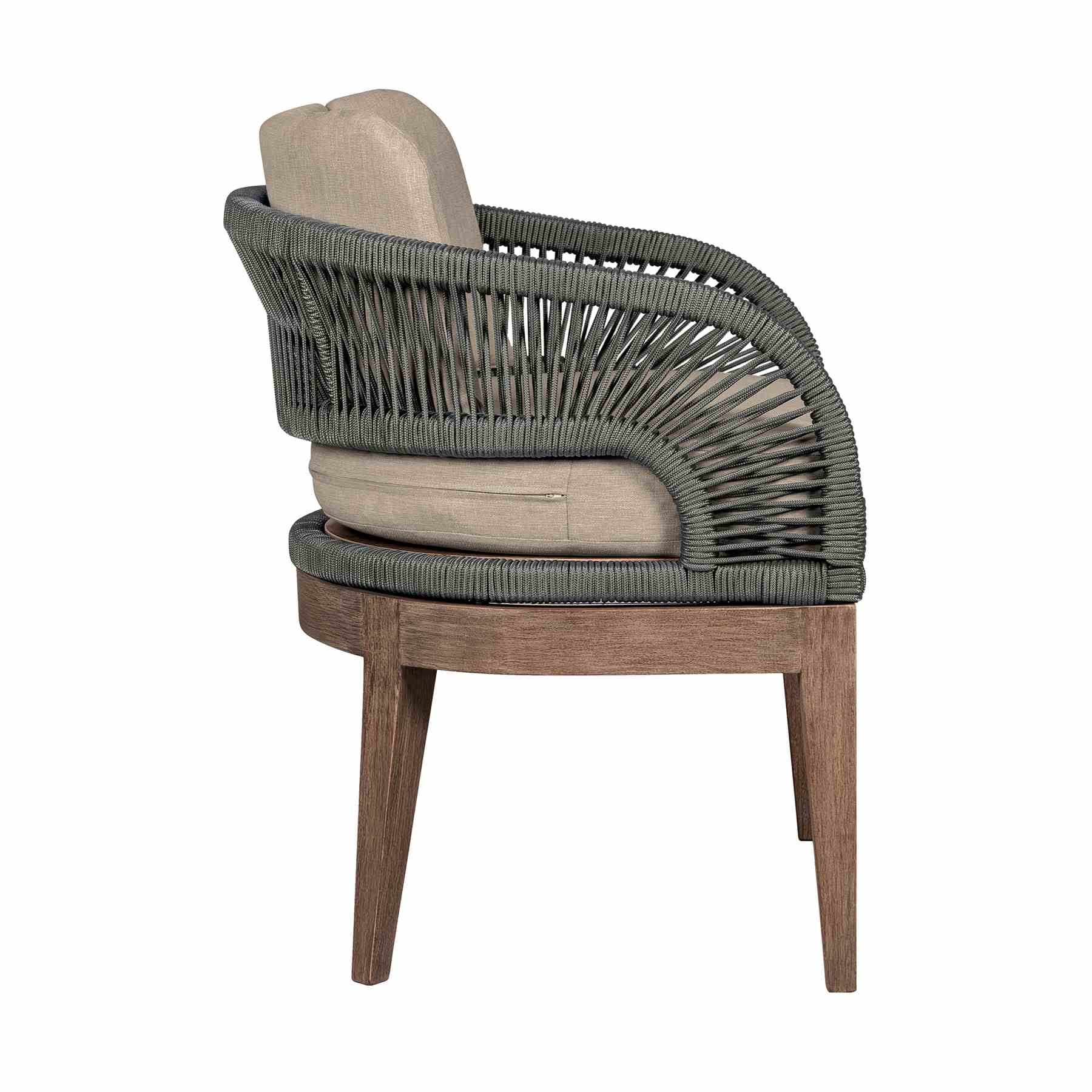 Orbit Outdoor Patio Dining Chair in Weathered Eucalyptus Wood with Gray Rope and Taupe Olefin Cushions - Image 3