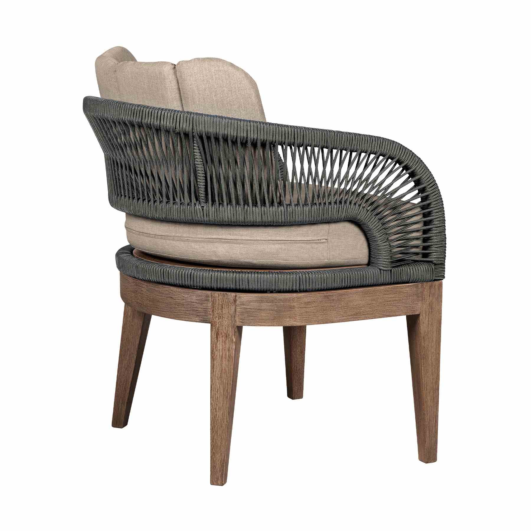 Orbit Outdoor Patio Dining Chair in Weathered Eucalyptus Wood with Gray Rope and Taupe Olefin Cushions - Image 4