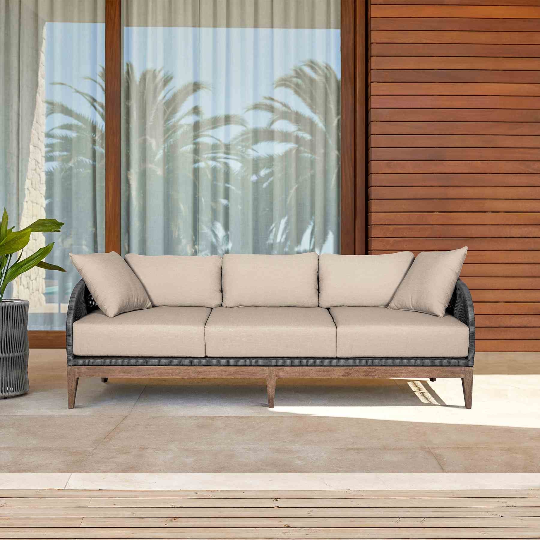 Orbit Outdoor Patio Sofa in Weathered Eucalyptus Wood with Gray Rope and Taupe Olefin Cushions - Image 10