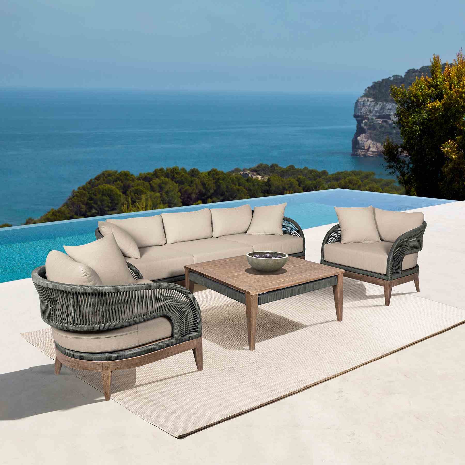 Orbit Outdoor Patio Sofa in Weathered Eucalyptus Wood with Gray Rope and Taupe Olefin Cushions - Image 11