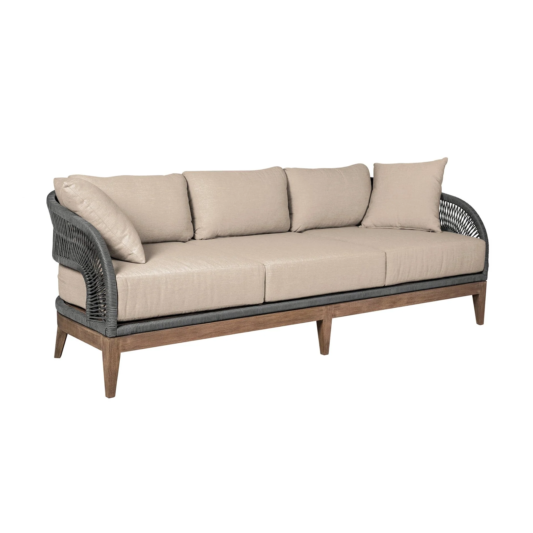 Orbit Outdoor Patio Sofa in Weathered Eucalyptus Wood with Gray Rope and Taupe Olefin Cushions - Image 2