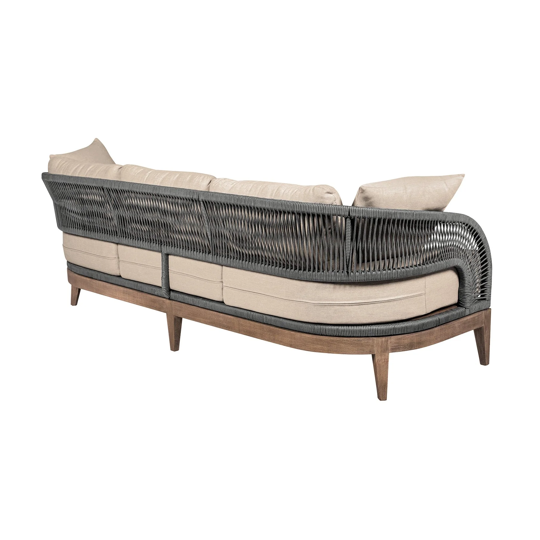 Orbit Outdoor Patio Sofa in Weathered Eucalyptus Wood with Gray Rope and Taupe Olefin Cushions - Image 3