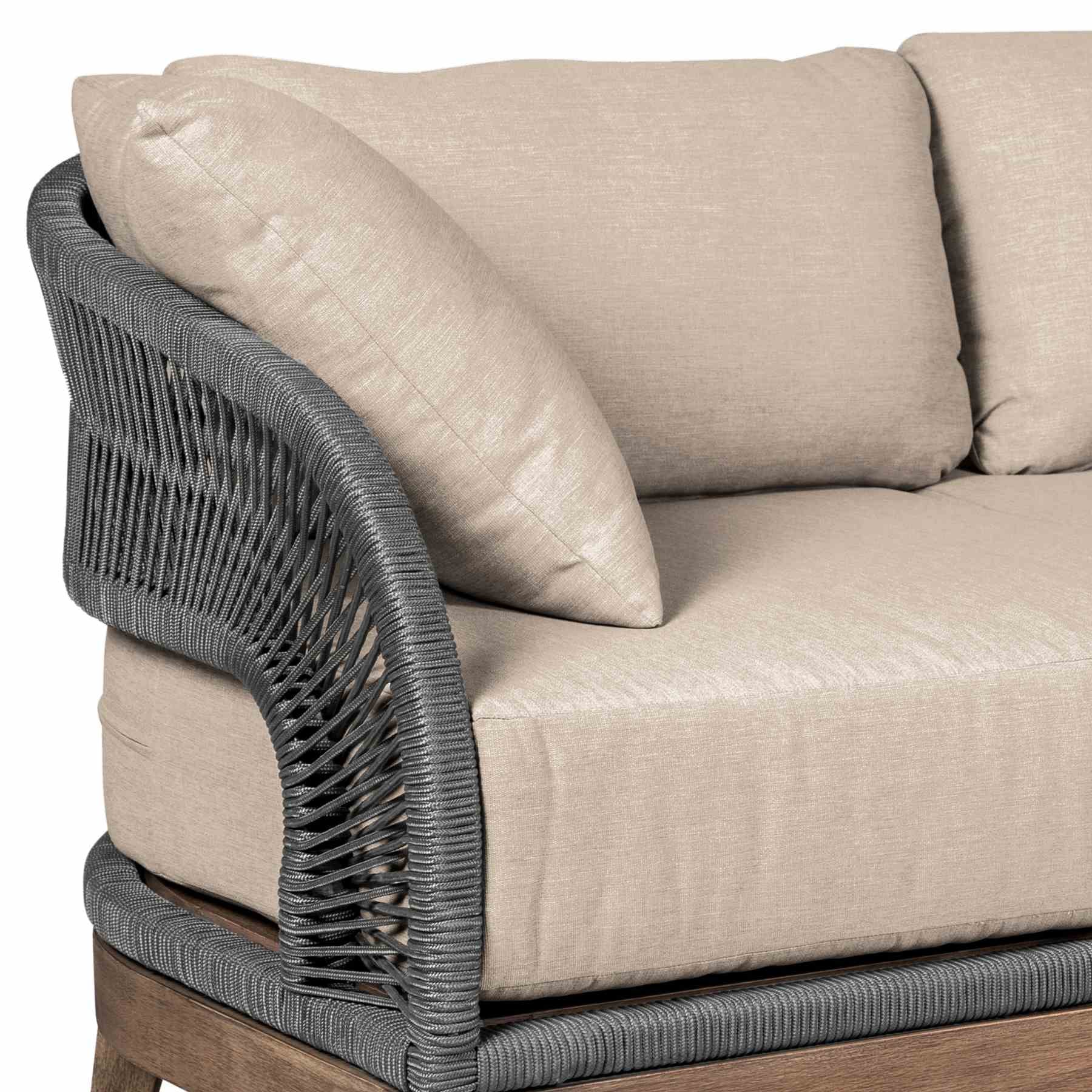 Orbit Outdoor Patio Sofa in Weathered Eucalyptus Wood with Gray Rope and Taupe Olefin Cushions - Image 4