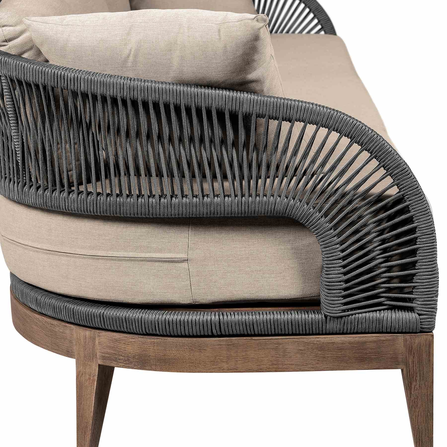 Orbit Outdoor Patio Sofa in Weathered Eucalyptus Wood with Gray Rope and Taupe Olefin Cushions - Image 5